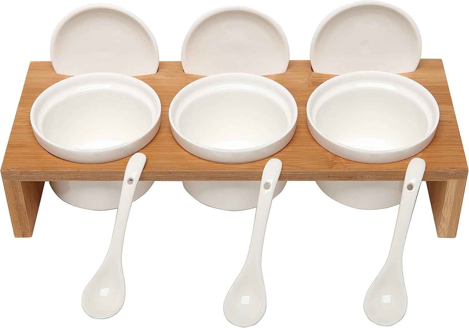 Stack man 10 Piece Condiment Pot Serving Set Includes Premium Solid Bamboo Wood Raised Display Server Tray And 3 Ceramic Ramekin Dip Bowls With Lids And Spoons