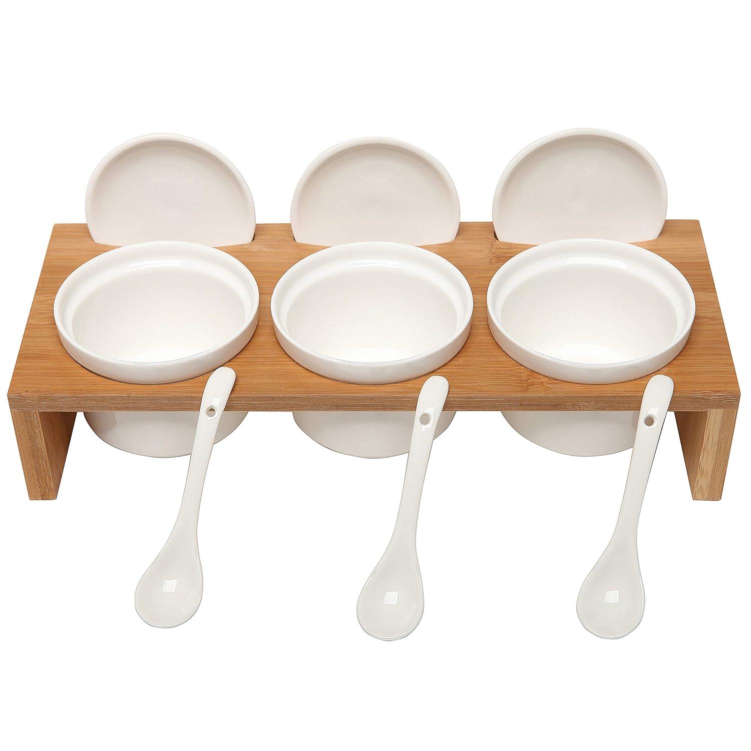 Stack man 10 Piece Condiment Pot Serving Set Includes Premium Solid Bamboo Wood Raised Display Server Tray And 3 Ceramic Ramekin Dip Bowls With Lids And Spoons