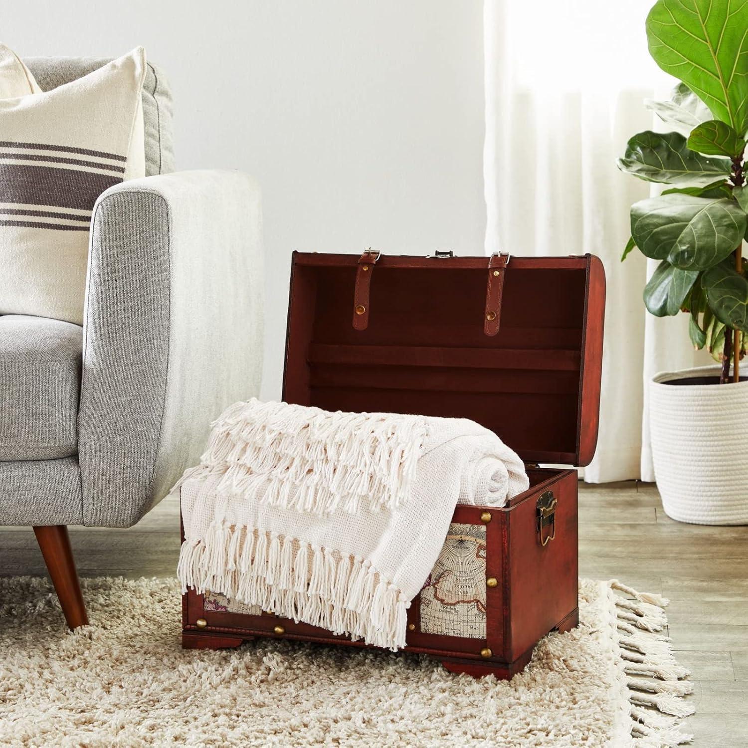 Juvale Set of 3 Small Wooden Storage Trunks and Chests, Living Room Décor Suitcases with Antique Map Print for Jewelry, 3 Sizes