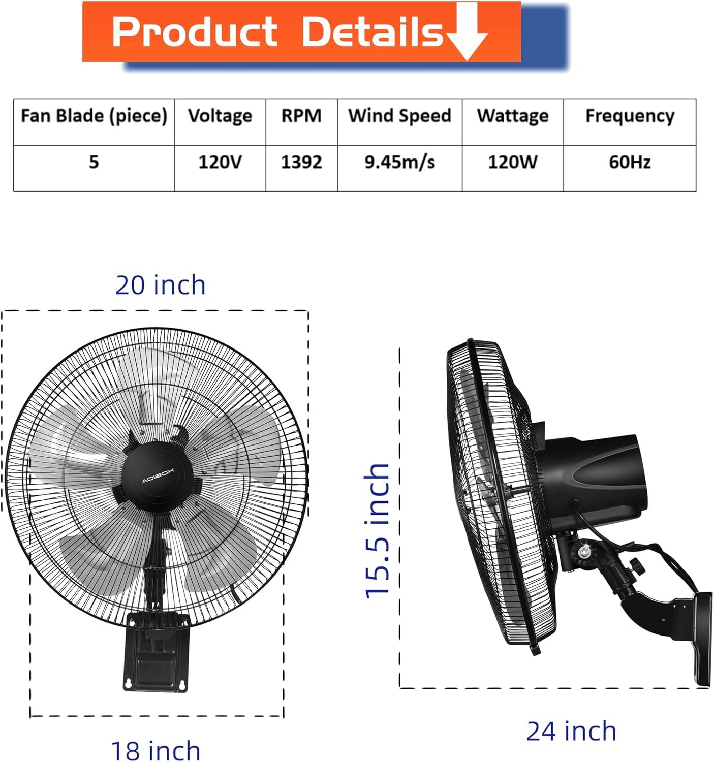 18-inch Black Metal Wall Mounted Fan with 5-Speed Settings