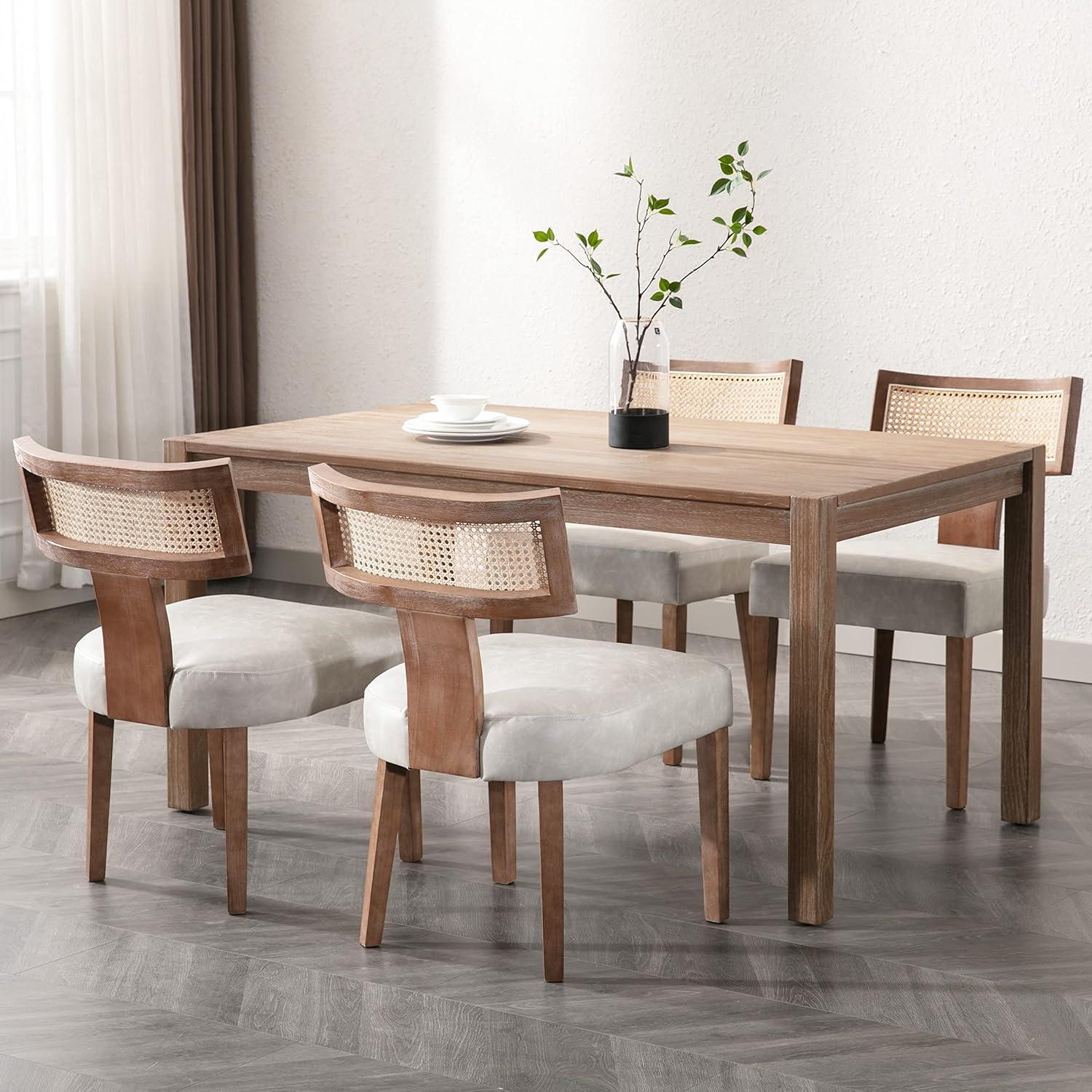 Rattan Dining Chairs Set of 2, Mid-Century Modern Dining Chairs, Kitchen Dining Room Chairs, Curved Cane Back Upholstered PU Leather Dining Chairs with Wood Frame, Grey
