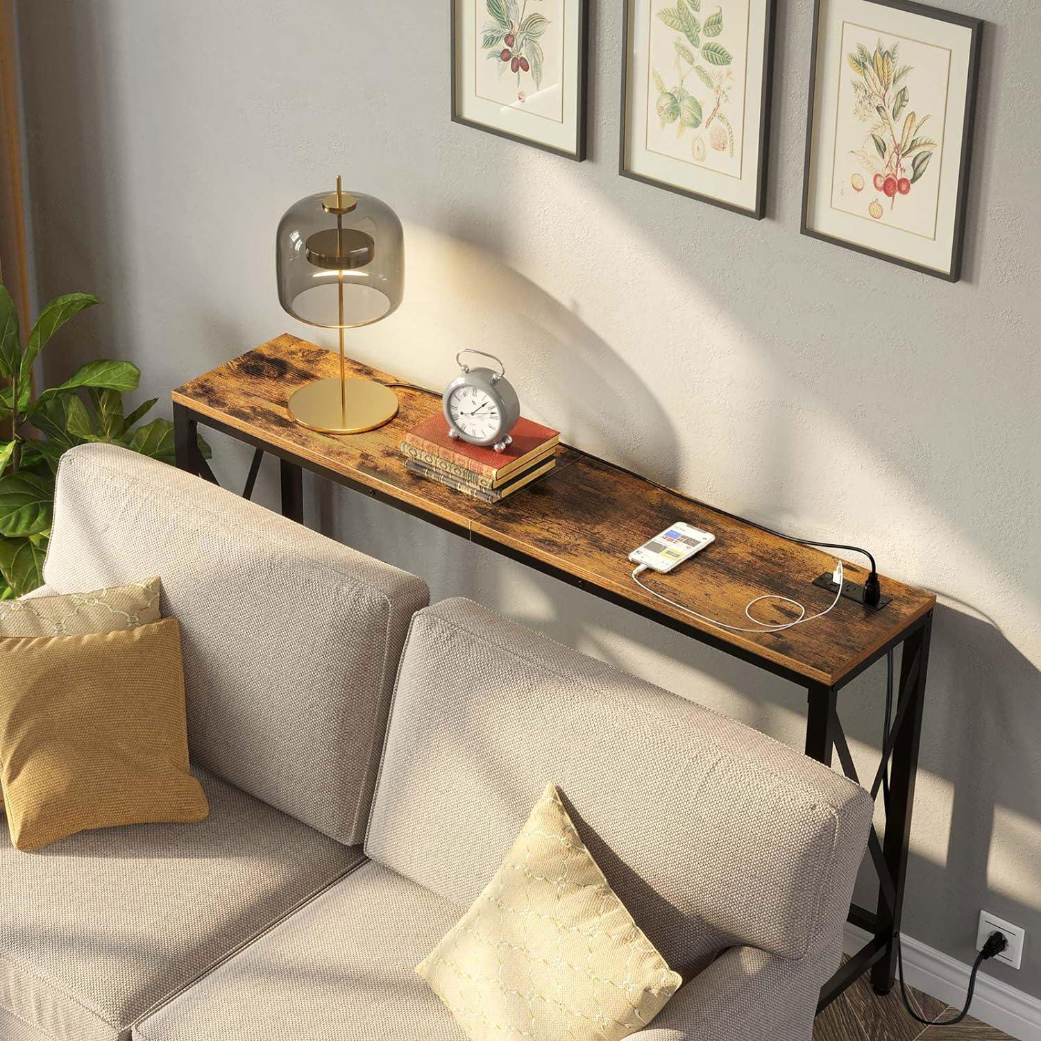 Rustic Brown Metal Frame Console Table with Power Outlet