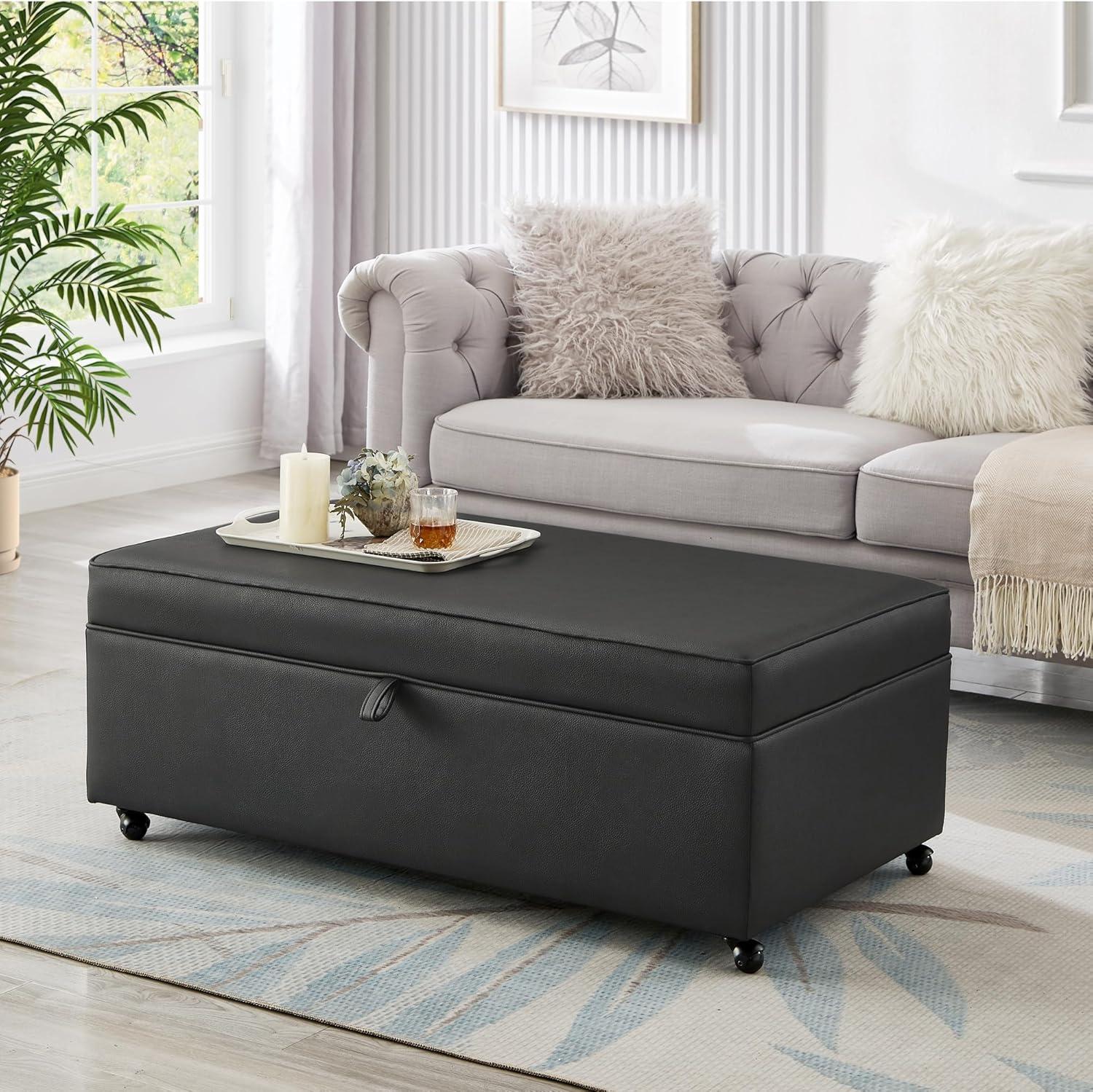 Dark Gray Faux Leather Storage Ottoman Bench with Wheels