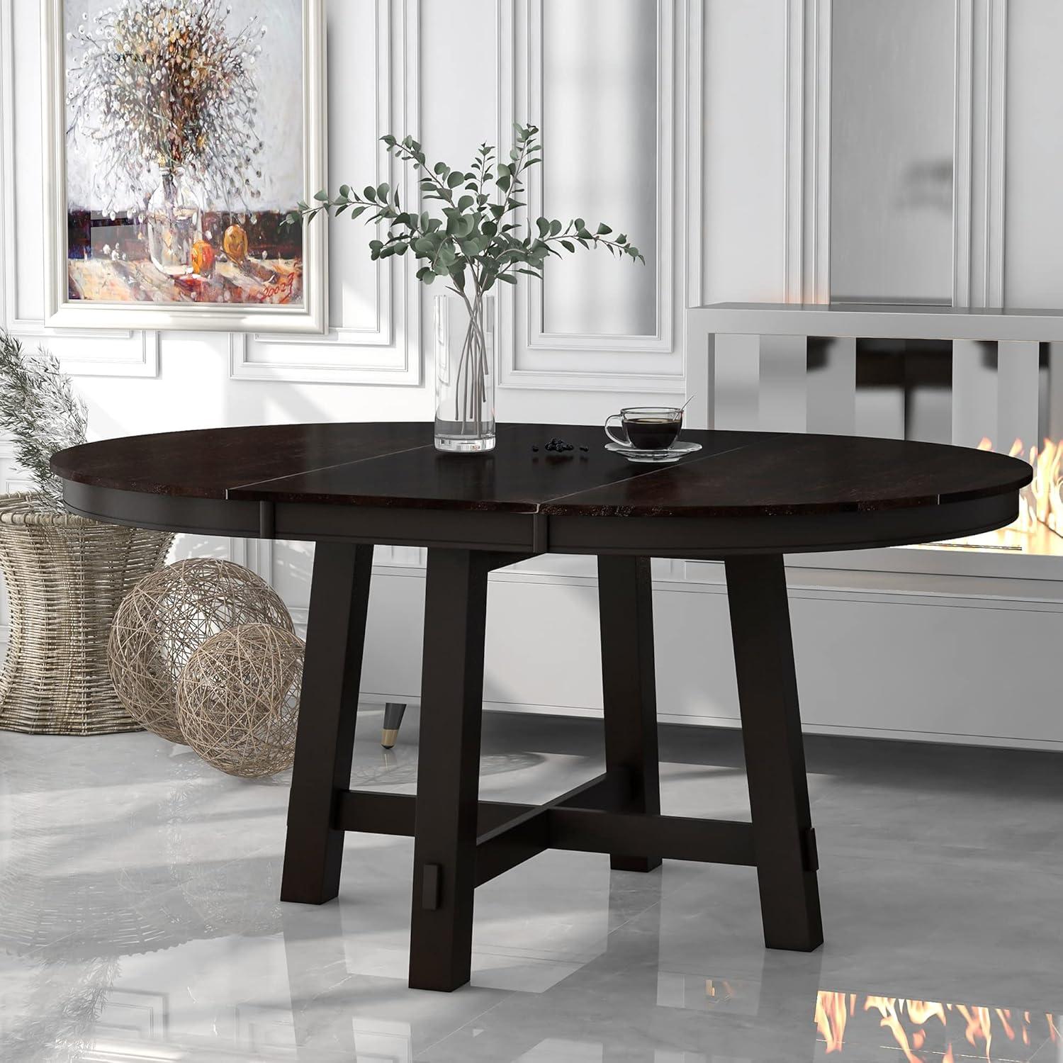 Espresso Round Extendable Farmhouse Dining Table with X-Base