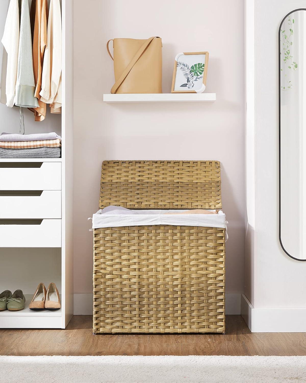 Natural Wicker Double Section Laundry Hamper with Lid