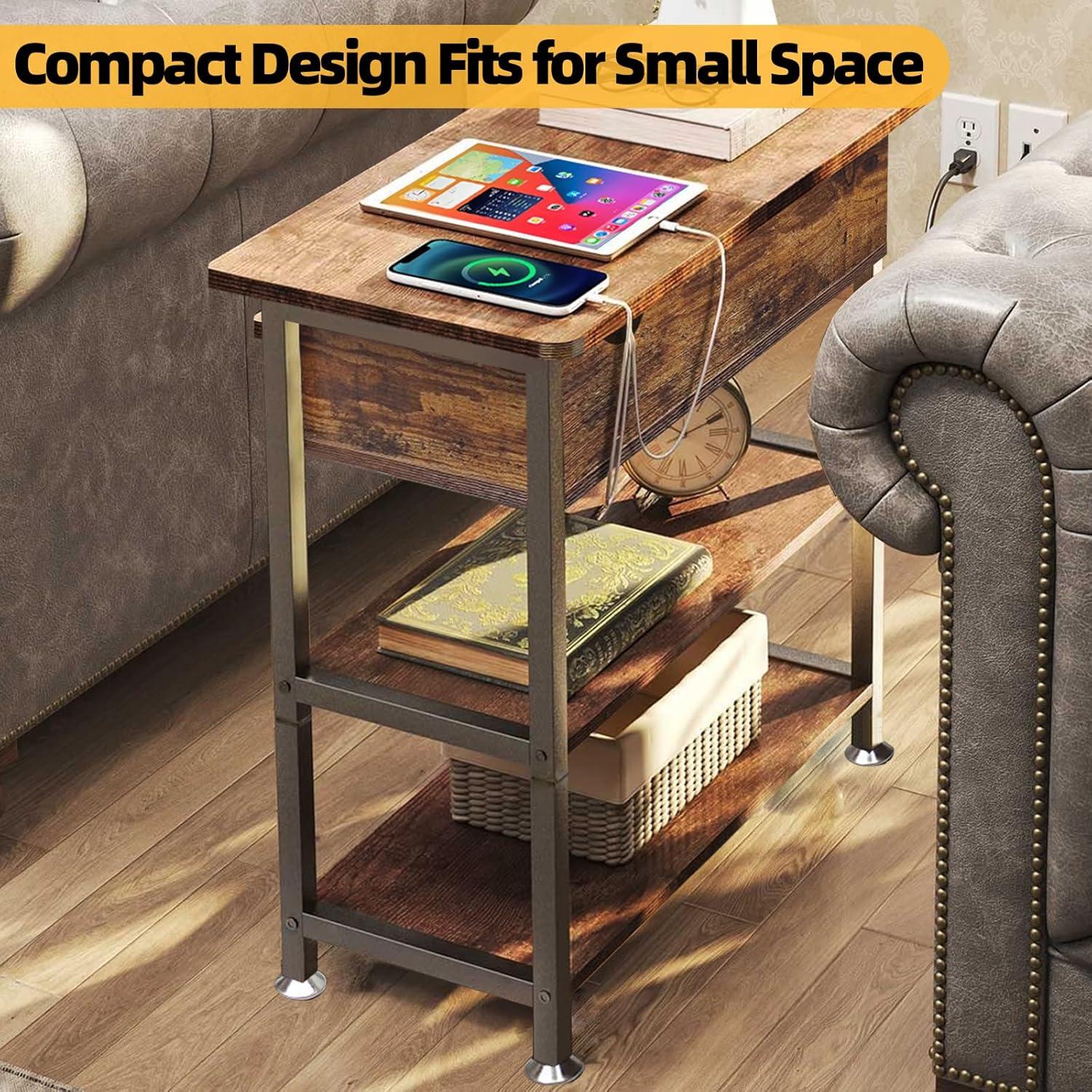 End Table with Charging Station, Flip Top Side Table with Storage Shelf and USB Ports & Power Outlets for Small Spaces, Narrow Nightstand for Living Room