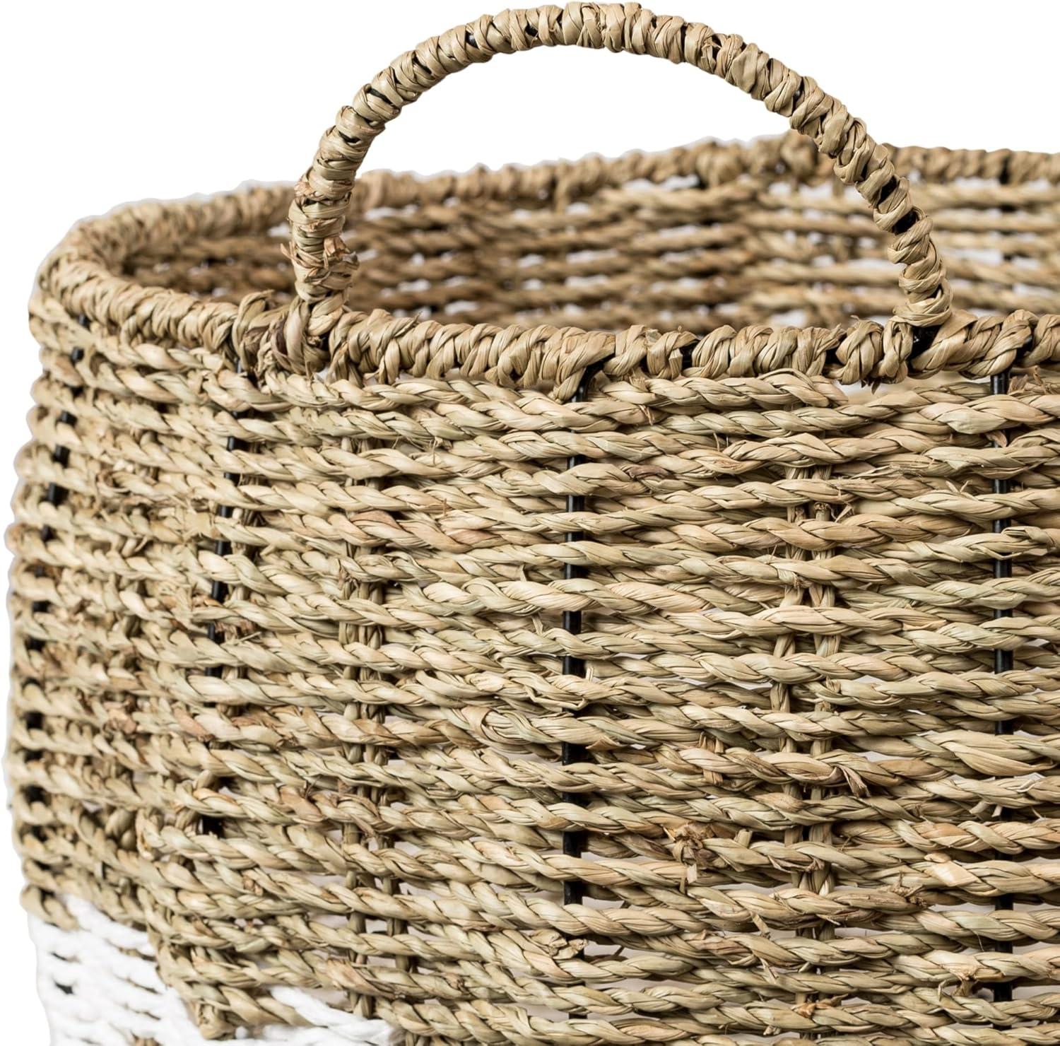 Honey-Can-Do Seagrass Round Storage Basket with Handles, Natural/White