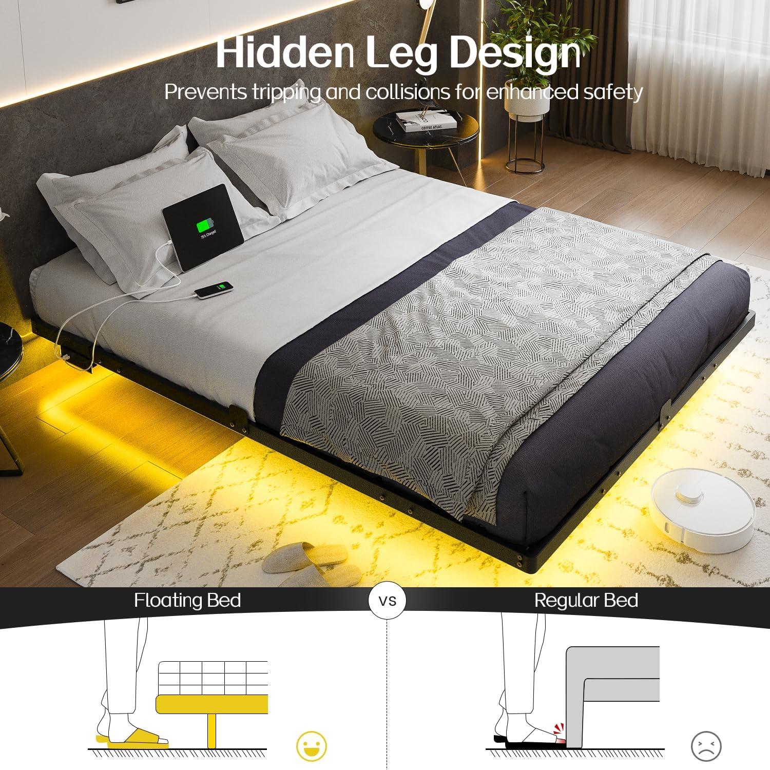 Hasuit Floating Bed Frame Queen Size Floating Queen Bed Frame with LED Lights Modern LED Queen Platform Bed Frame with Solid Wood Slats, No Box Spring Needed, Noise-Free, Without Headboard, Black