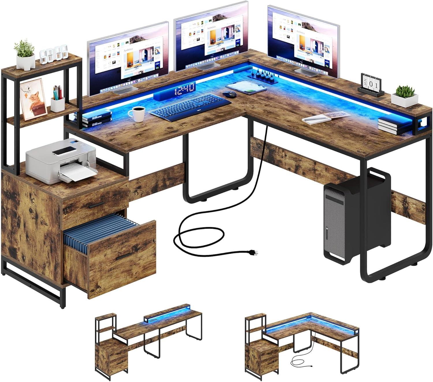 DWVO L Shaped Desk with Power Outlets & LED Lights, Reversible Computer Desk with Drawers, Large Corner Office Desk with Monitor Stand & Storage Shelves, Rustic Brown