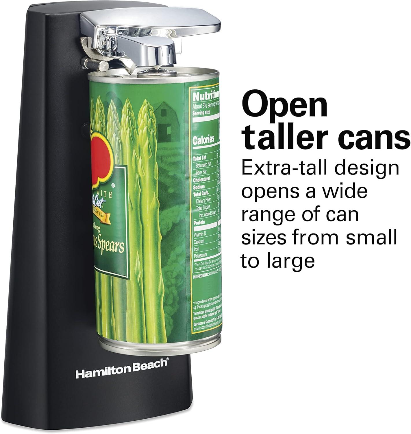 Hamilton Beach Black Can Opener 76702: Electric Freestanding Kitchen Tool, 1 Year Warranty, Spot Clean, 9" Height