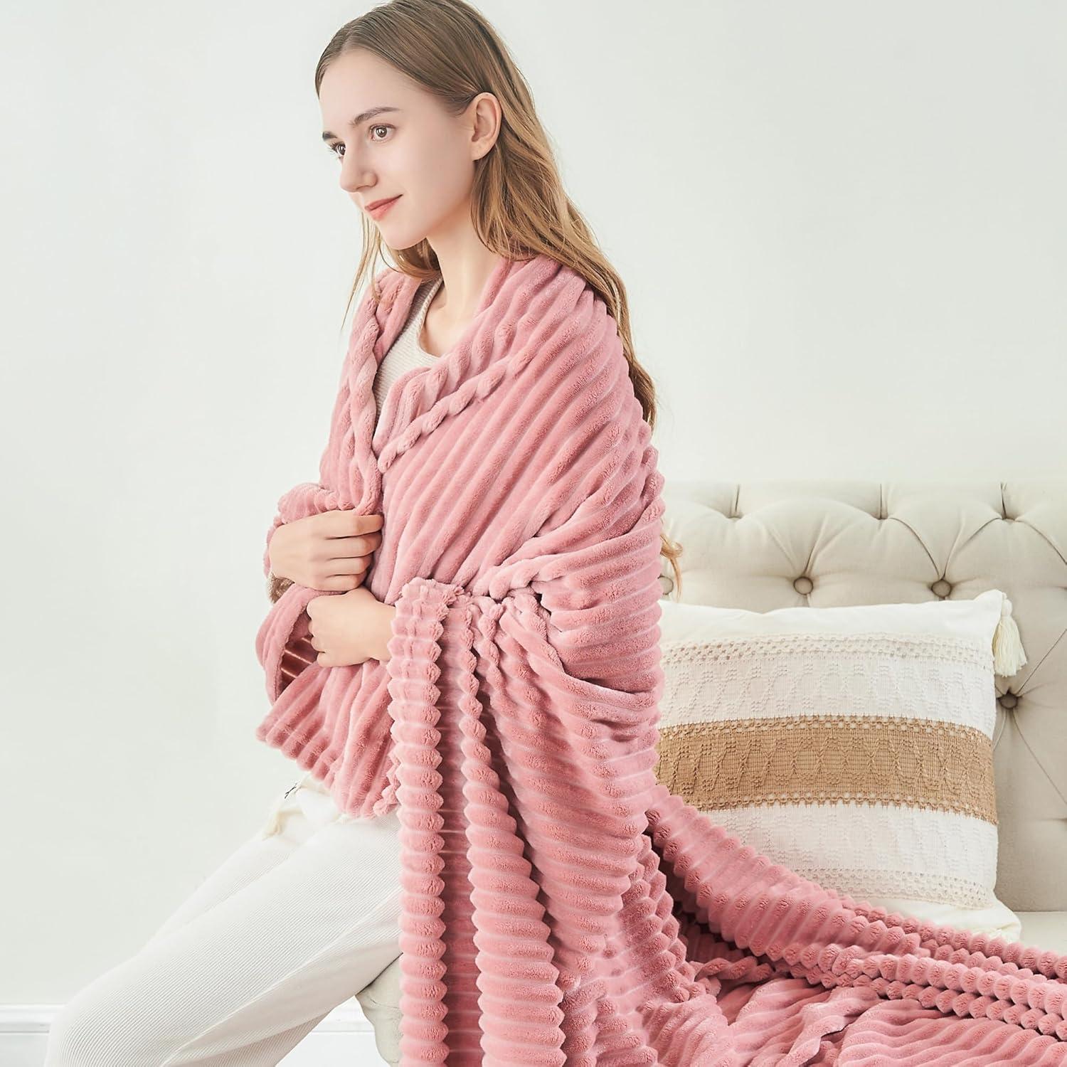 Pink Ribbed Fleece Reversible Throw Blanket 60x50 Inches