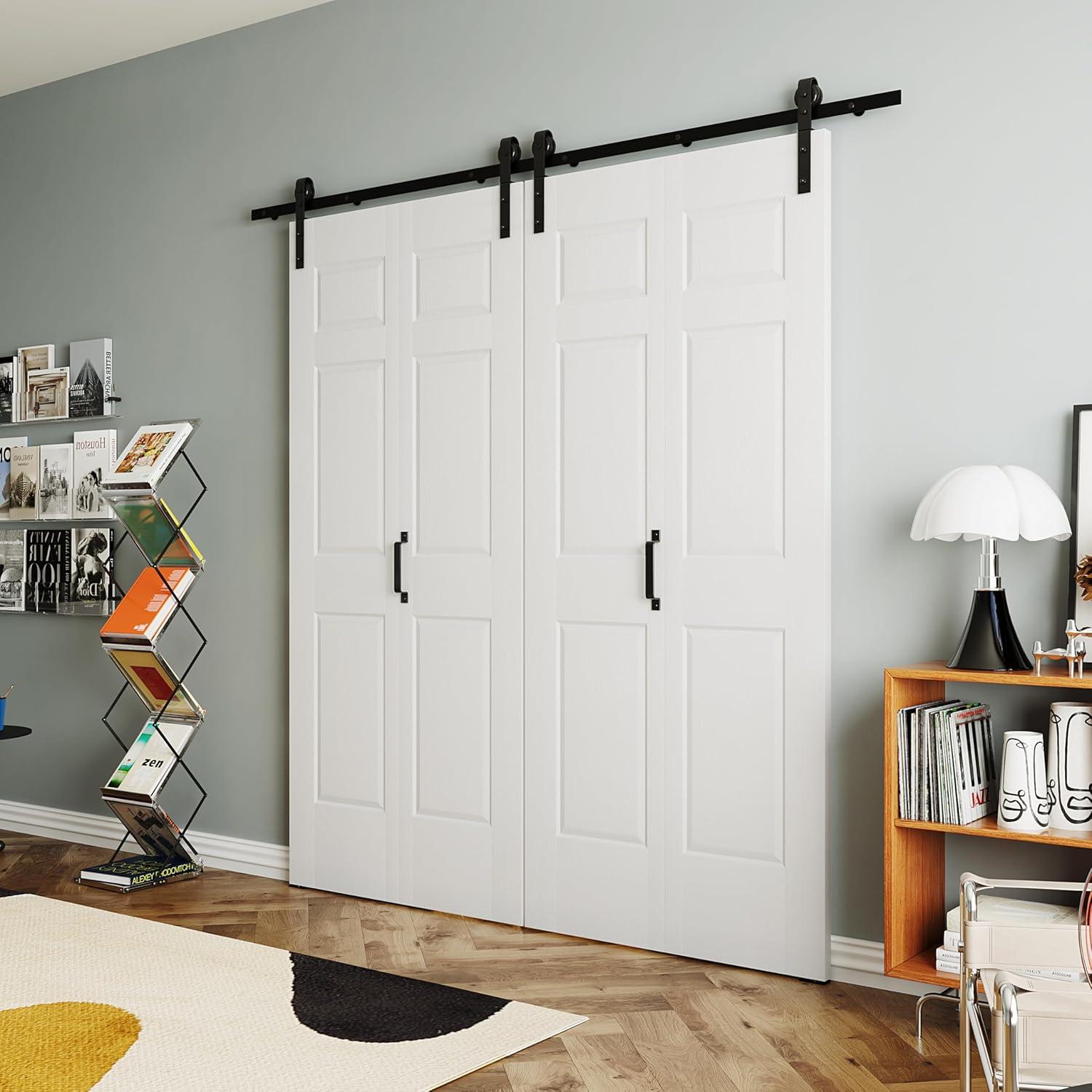 48"（24" x2） x 84" Bi-Folding Barn Door, 6-Panel with Sliding Hardware Kit Set, Pre-drilled Closet Door Slab, 4.3FT Track for 4 Finished Doors, MDF, White