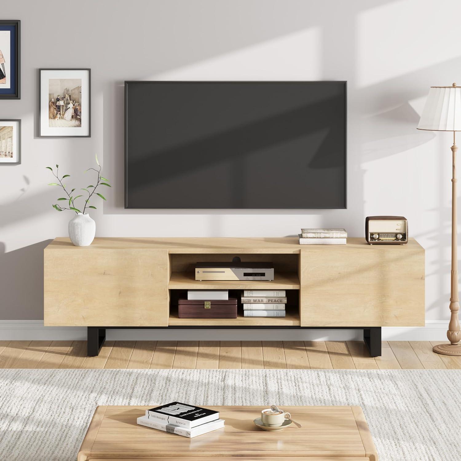 Industrial TV Stand for 80 Inch, Modern Entertainment Center with 2 Drawers, Wooden Cabinet with Heavy Duty Leg and Open Storage for Bedroom, Walnut