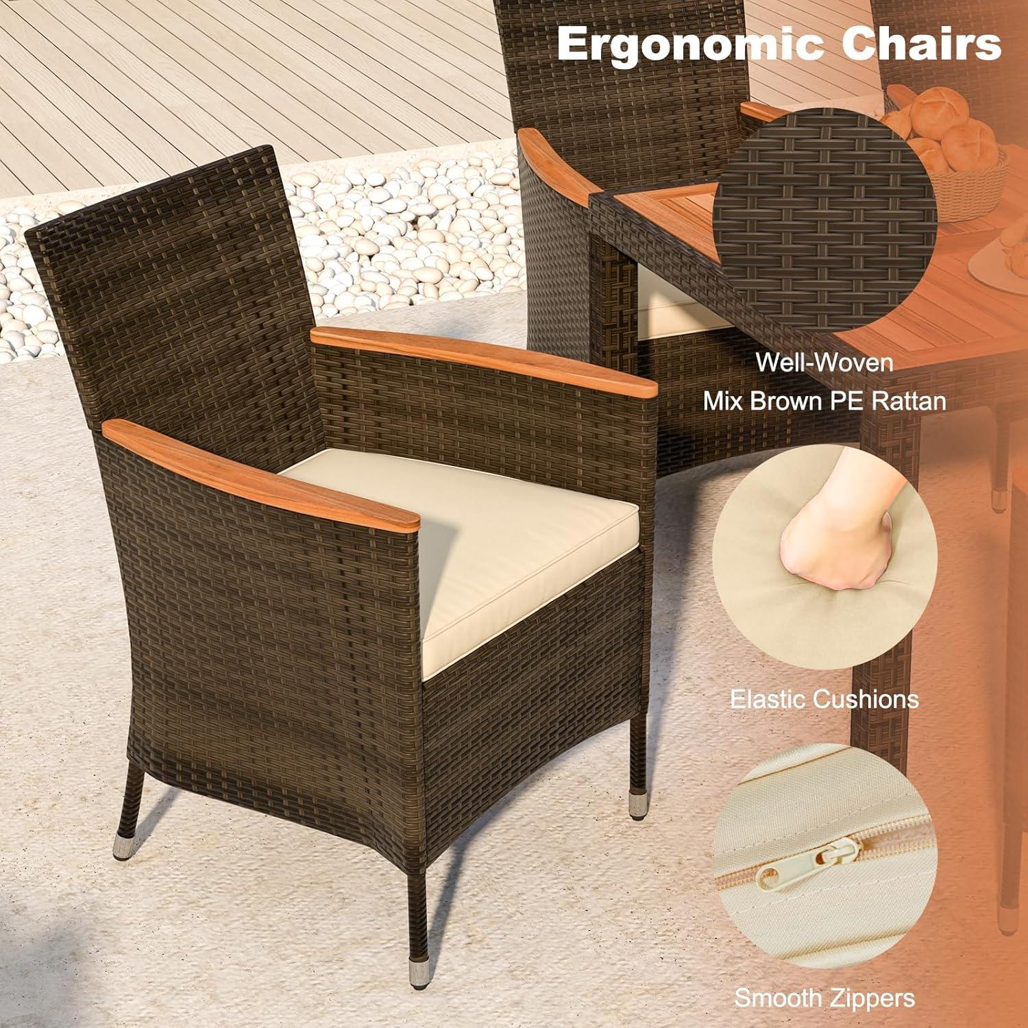 7 Piece Patio Dining Set, PE Rattan Outdoor Table And Chairs Dining Furniture Set With Stackable Armchairs & Cushions, Acacia Wood Table, For Backyard