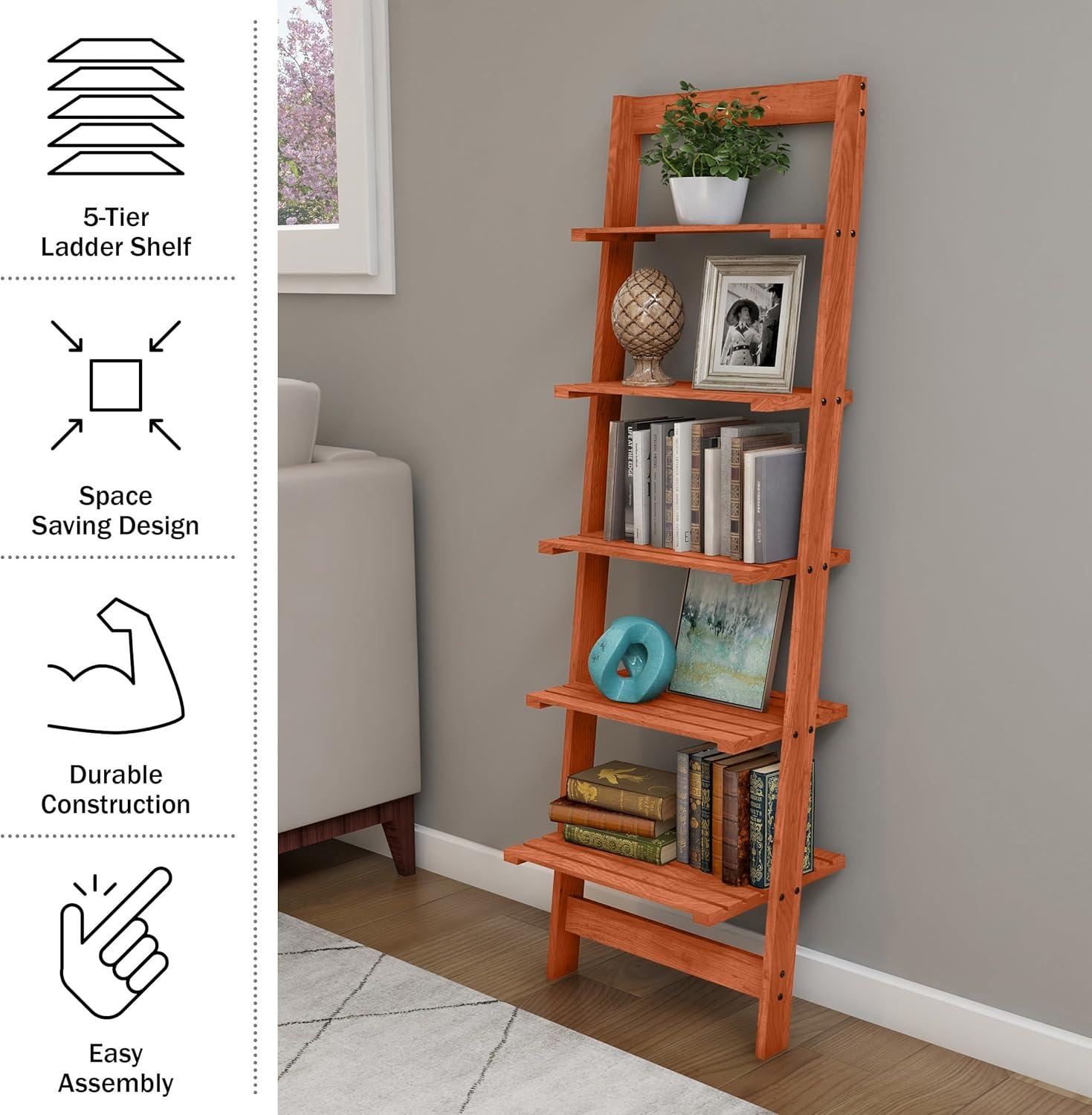 Cherry Painted Wood 5-Tier Leaning Ladder Bookshelf