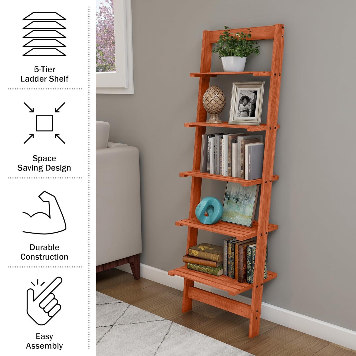 Cherry Painted Wood 5-Tier Leaning Ladder Bookshelf