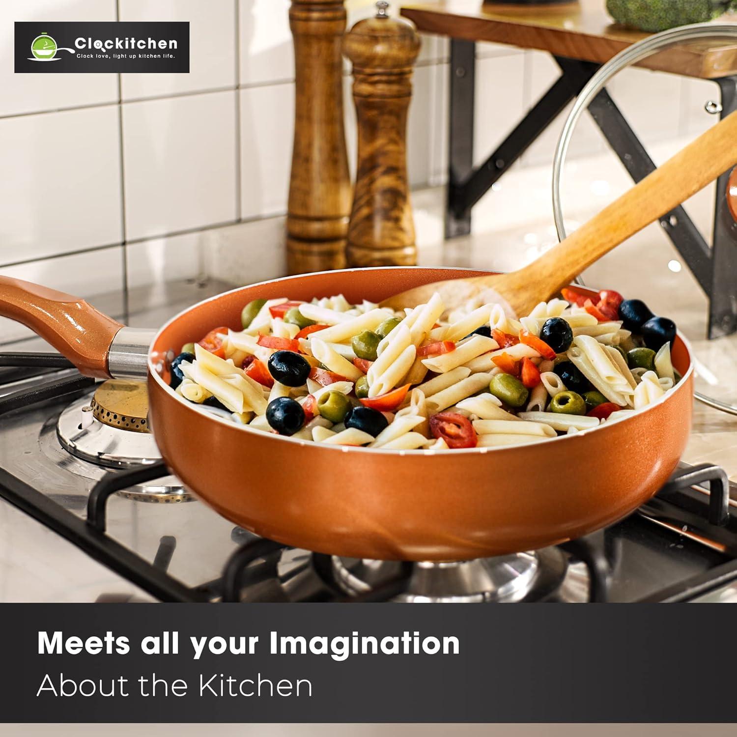 Clockitchen Non Stick Pots and Pan Set, 10pcs Cookware Set with Ceramic Coating, Non-toxic Cooking Pot, Compatible with All Stoves, Copper