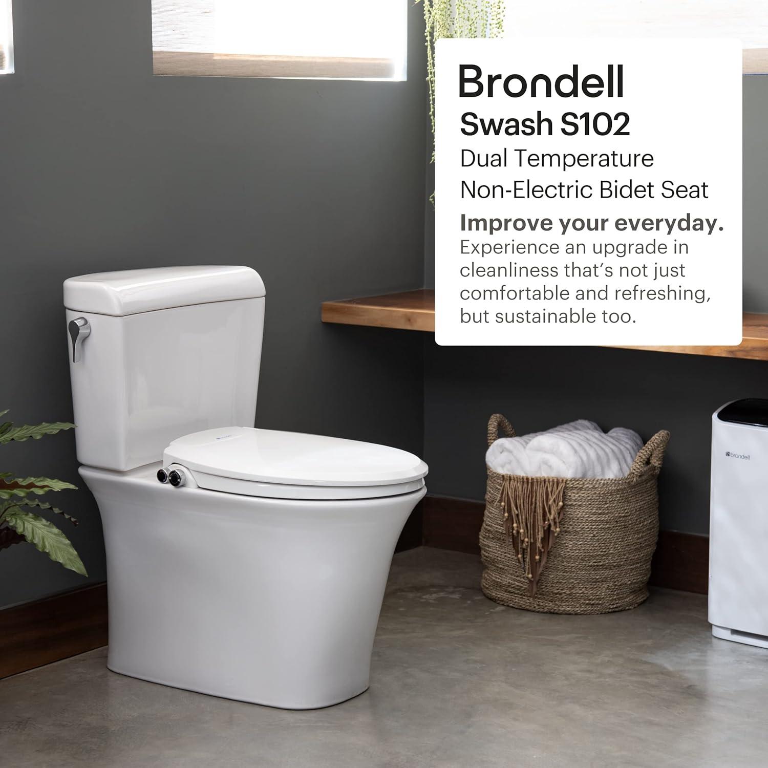 Brondell Bidet Toilet Seat Non-Electric Swash Ecoseat, Fits Elongated Toilets, White - Dual Nozzle System, Ambient Water Temperature - Bidet with Easy Installation