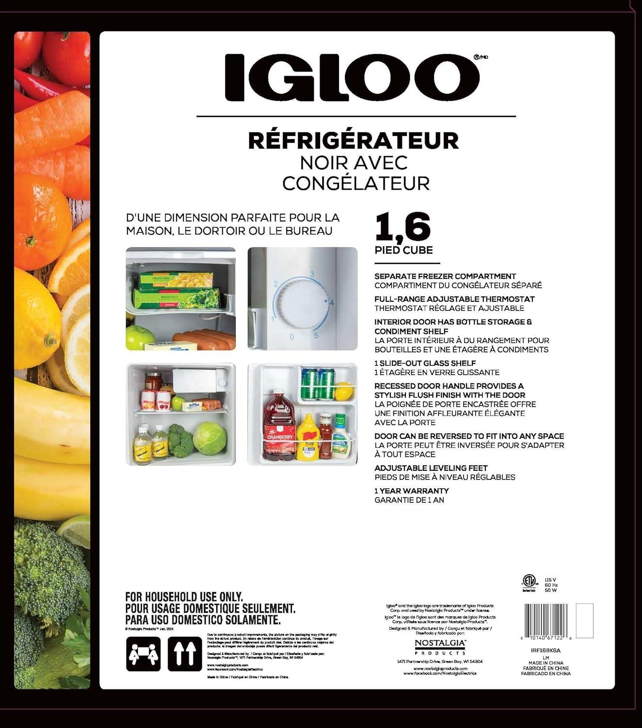 Igloo IRF16BK6A 1.6 Cu. Ft. Single Door Refrigerator with Freezer, Black