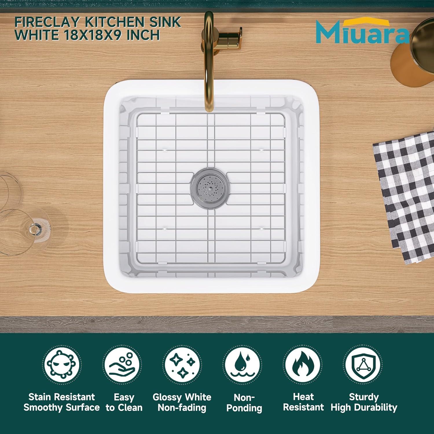 White Undermount Kitchen Sink 18 Inch - Small Topmount Wet Bar Sink Drop In 18”x18”x9”, Dual Mount Single Bowl, Heavy Duty Solid Fireclay, w 2 Accessories, for Kitchen & Laundry & Outdoor