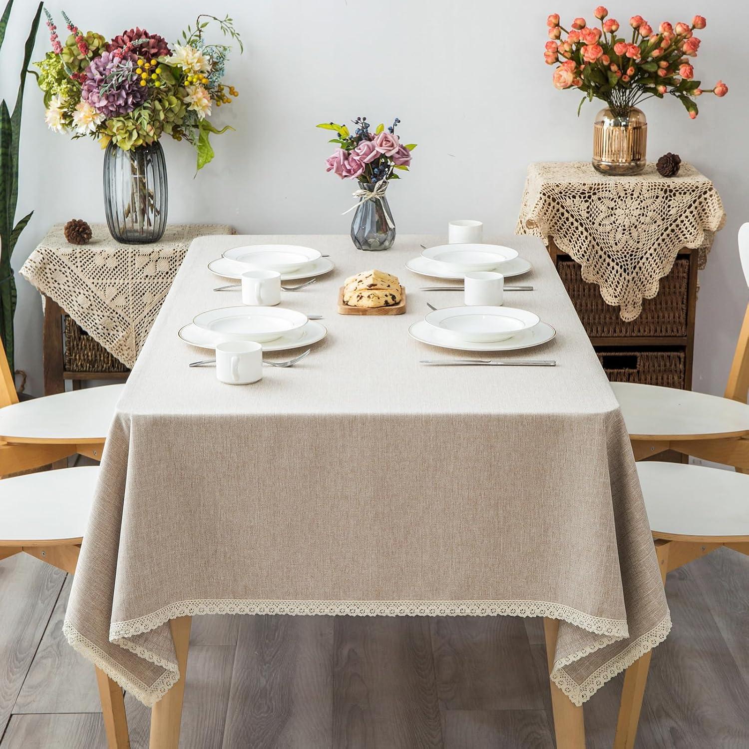 Solid Heavy Weight Lace Trim Rectangle Fabric Tablecloth, Table Cover for Kitchen Dining Tabletop