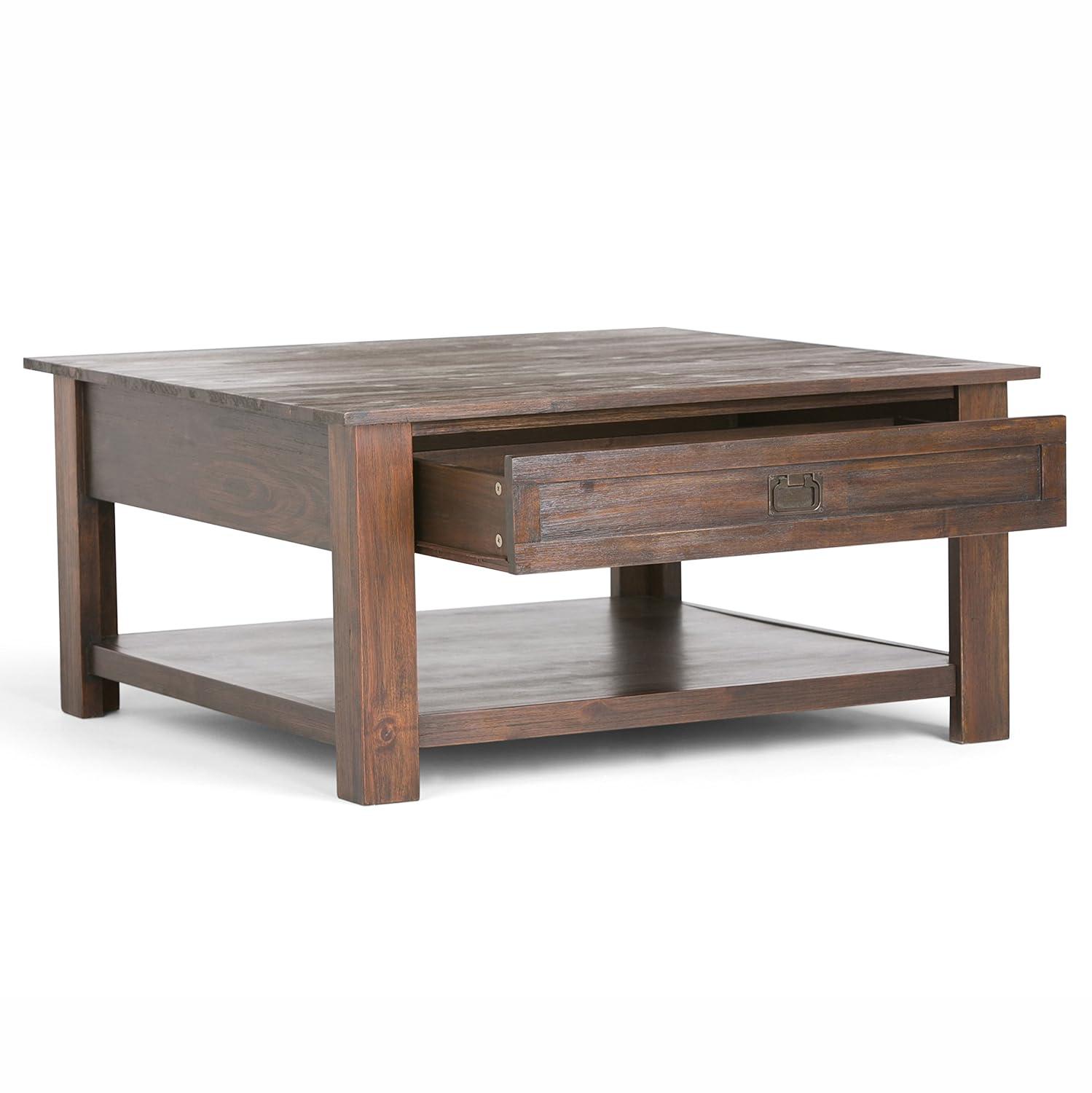 Simpli Home Monroe SOLID ACACIA WOOD 38 inch Wide Square Rustic Coffee Table in Distressed Charcoal Brown