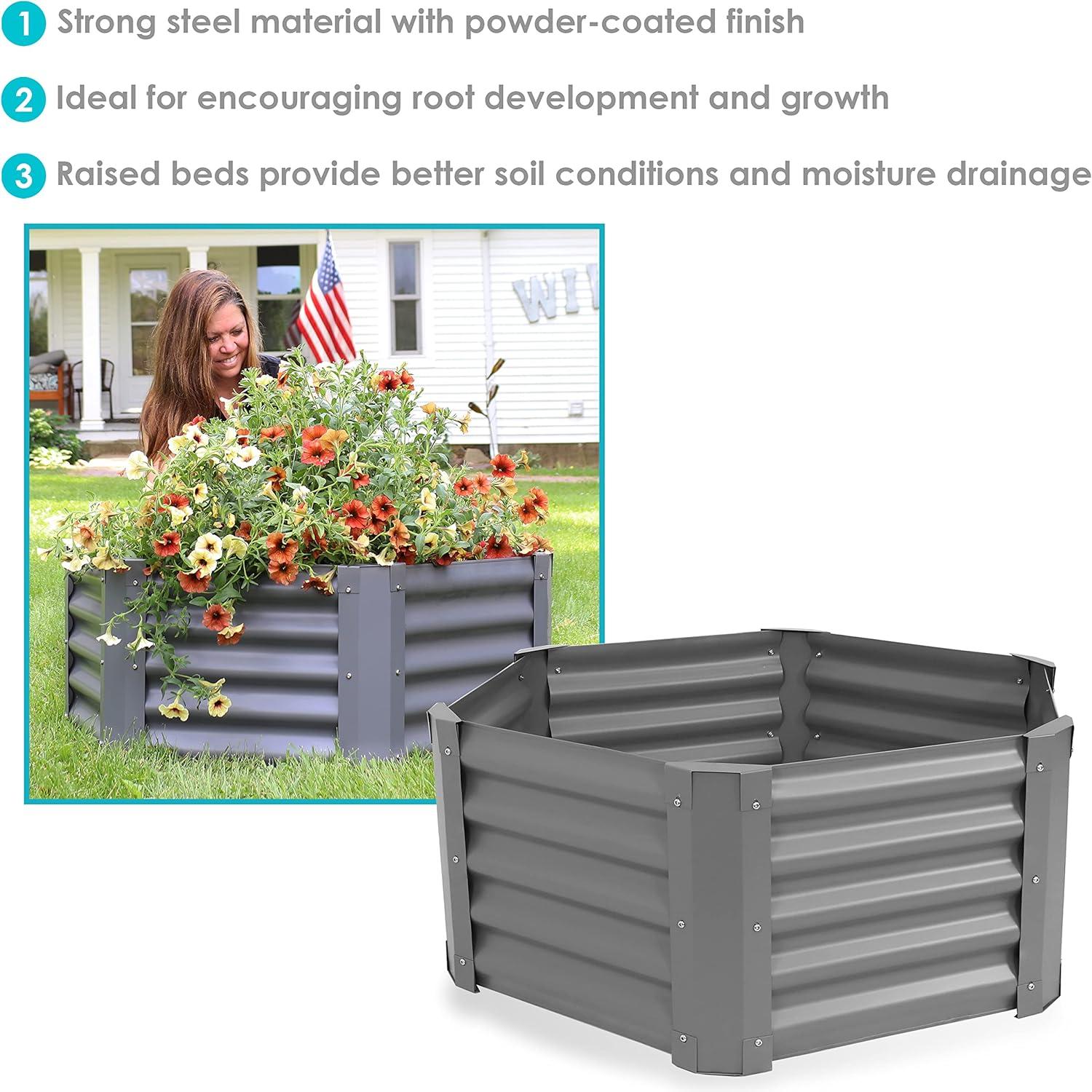 Sunnydaze Raised Powder-Coated Steel Hexagon Planter Garden Bed Kit for Plants, Flowers, Vegetables and Herbs - 41" W x 16" Deep - Gray