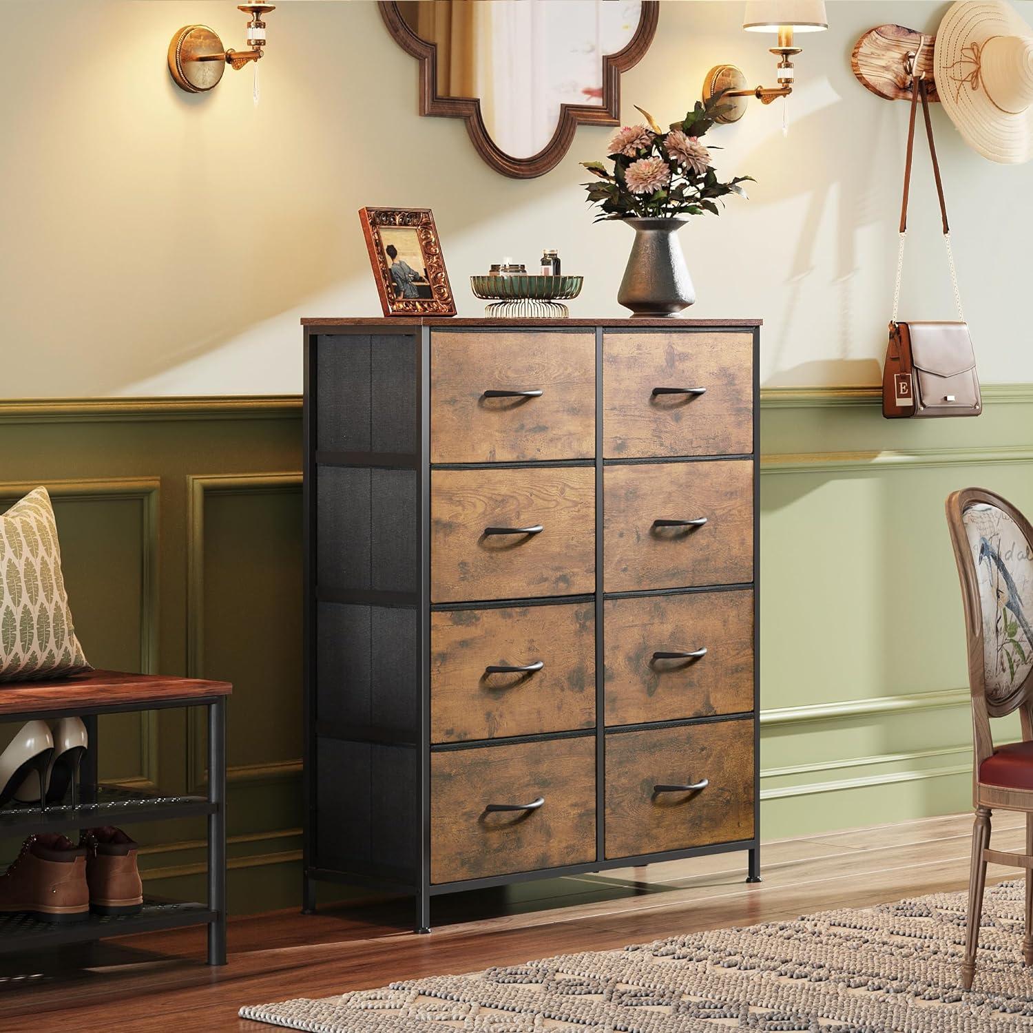 Rustic Brown Tall Fabric Dresser with 8 Drawers