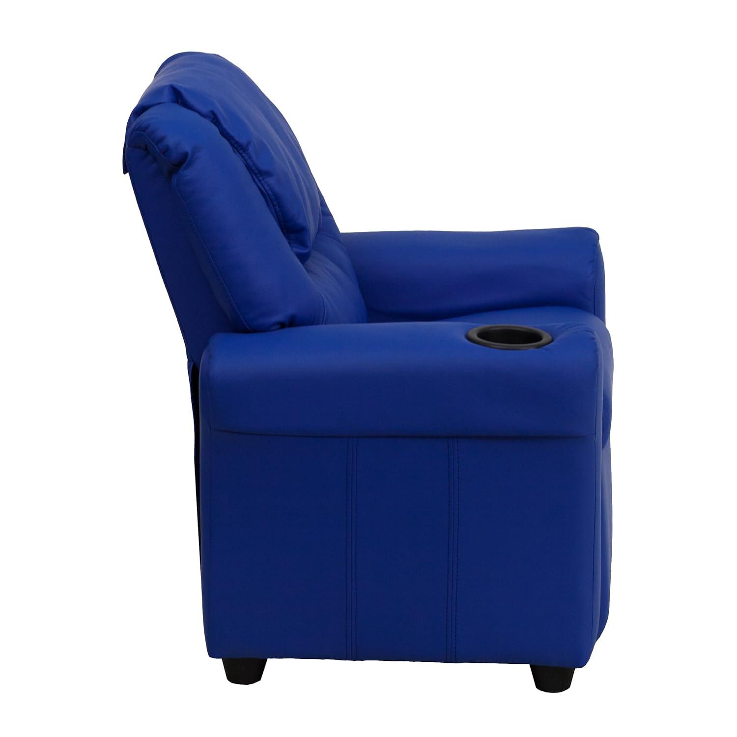 Emma and Oliver Blue Vinyl Kids Recliner with Cup Holder and Headrest