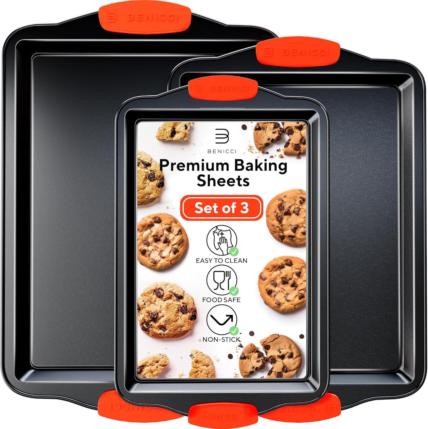 BPA Free Nonstick Baking Sheets w/ Silicone Handles in a Pack of 3 - Deluxe Cookie Sheets with Large, Medium & Small Bakeware Pans Lets You Bake The Perfect Cookie or Pastry Every Time