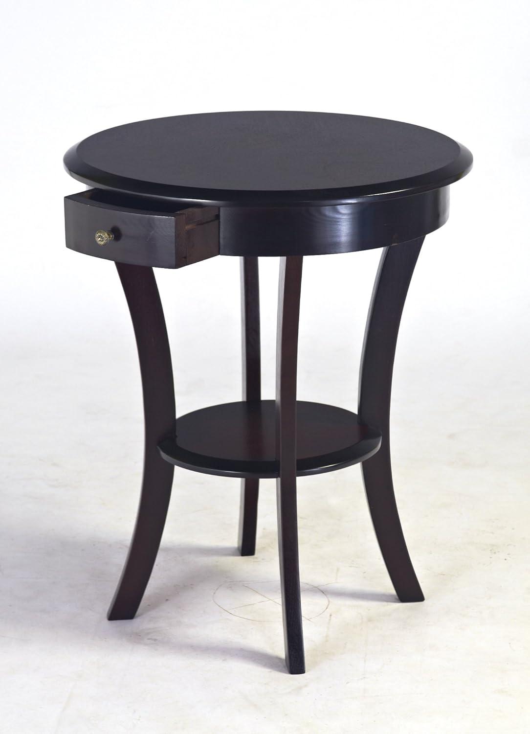 Espresso Wood Round End Table with Drawer and Shelf