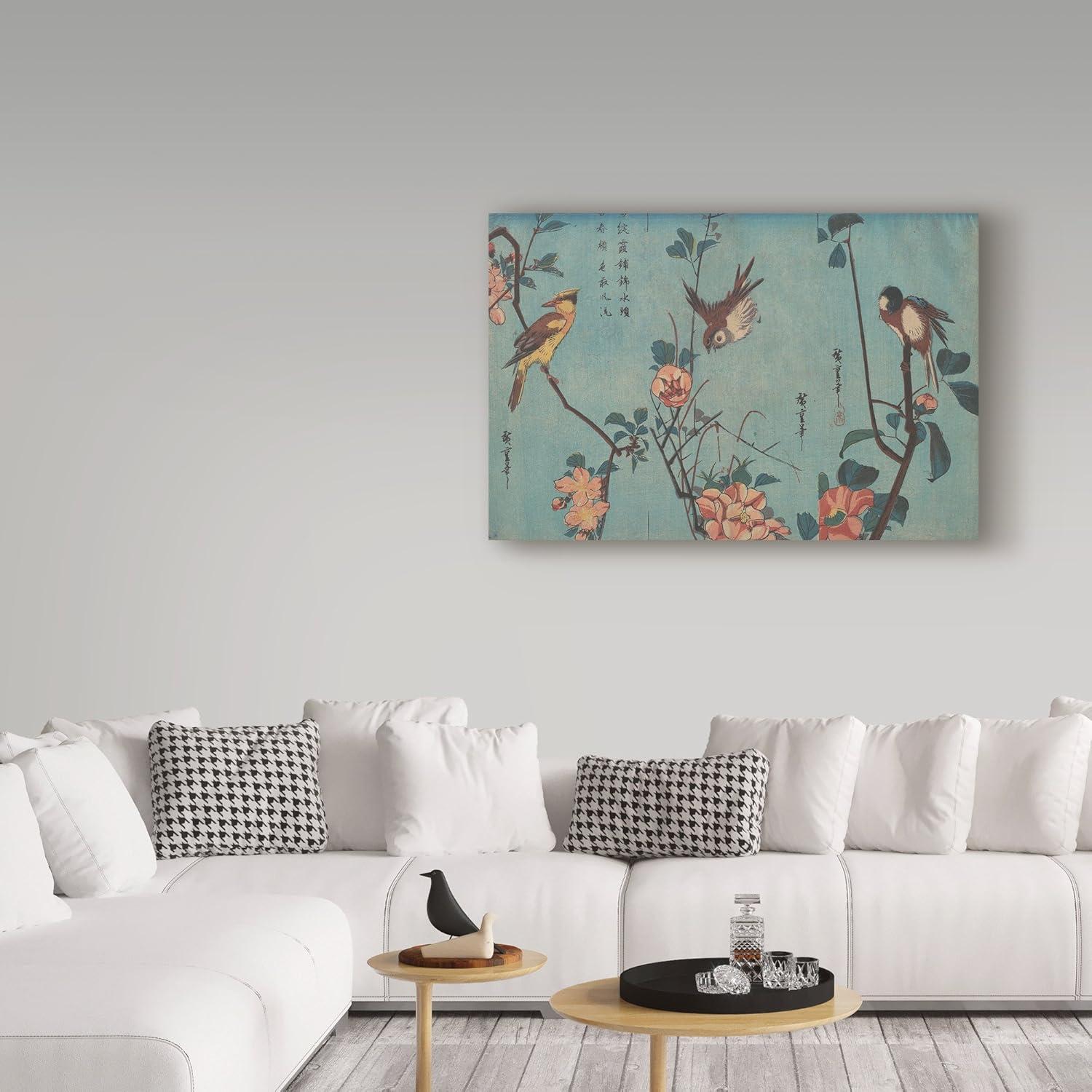 Teal Canvas Print with Birds and Flowers, 12x19 Inch