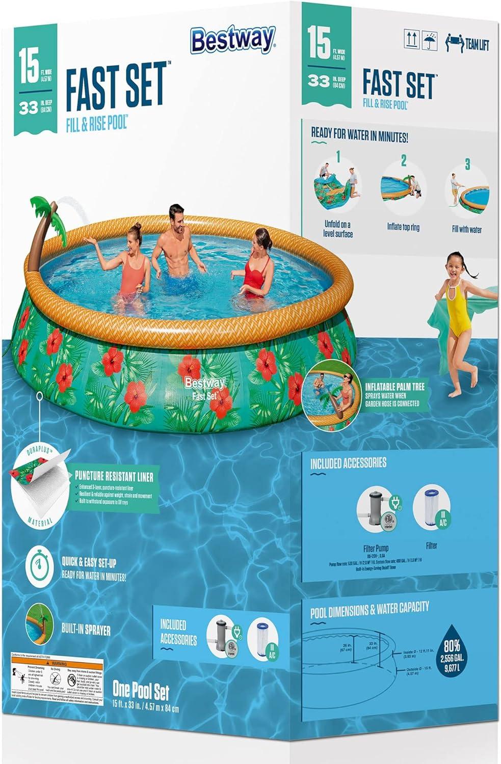 Bestway Fast Set Paradise Palms 15' x 33" Round Inflatable Outdoor Swimming Pool Set with Built-In Palm Tree Sprinkler and Filter Pump