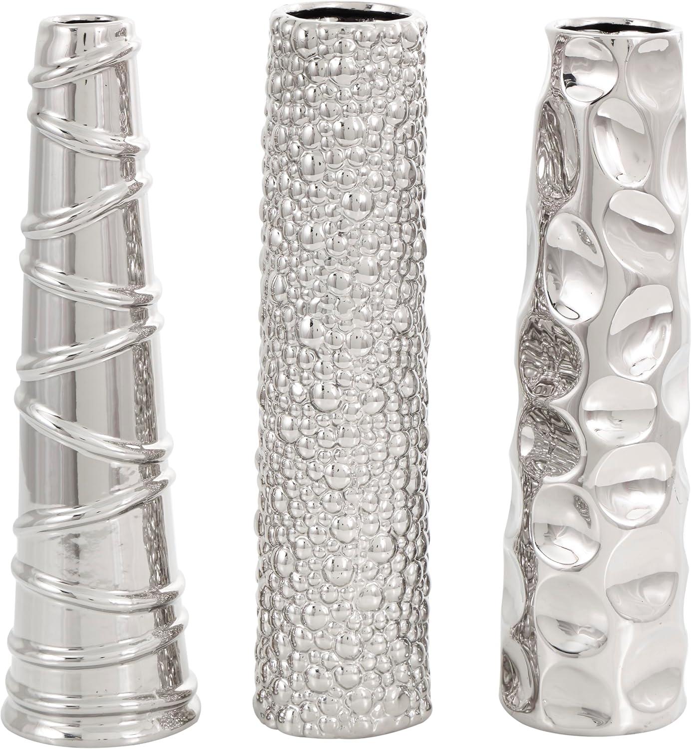 Elegant Trio Silver Ceramic Decorative Vases 12" Set of 3