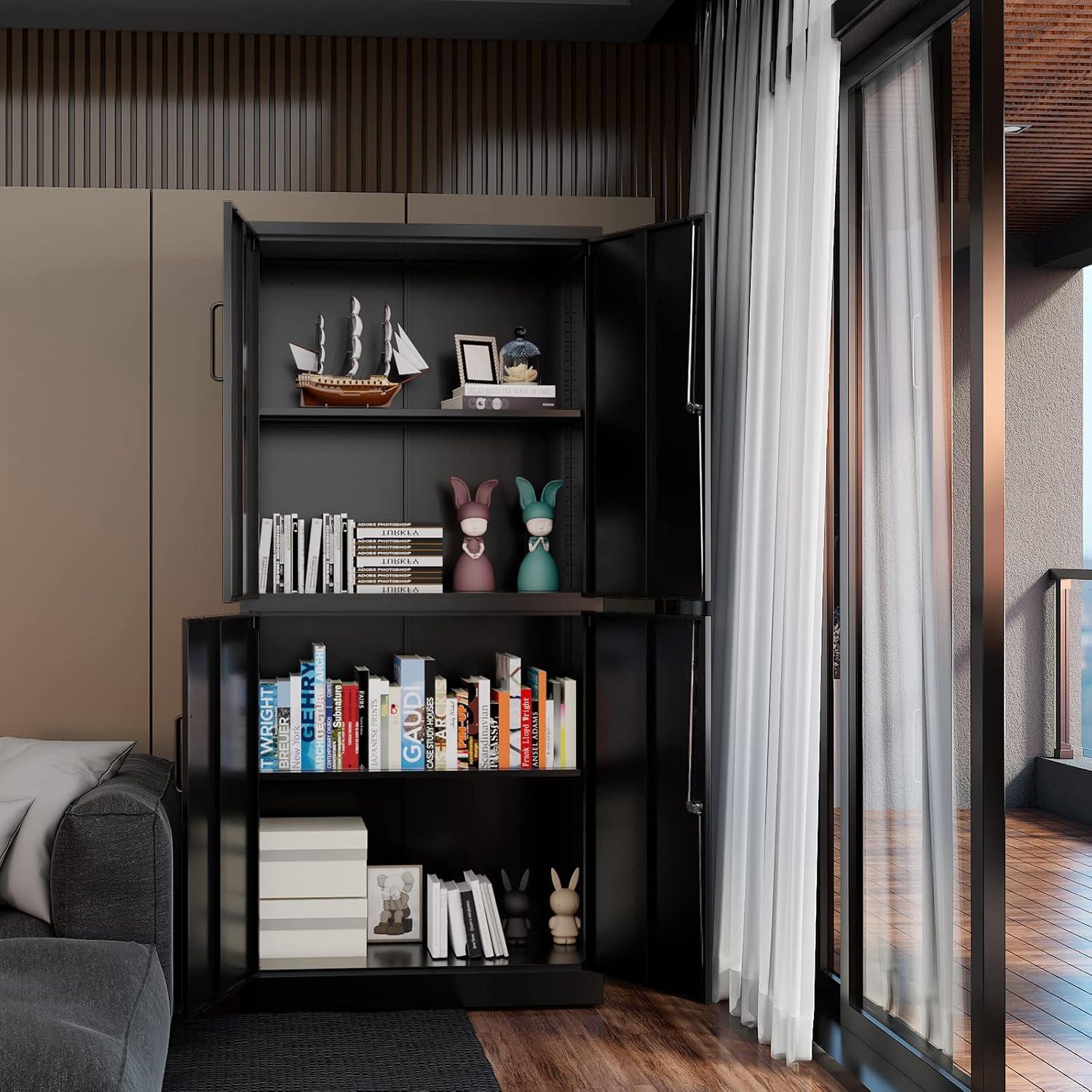 Metal Storage Cabinets with Drawer and Adjustable Shelves, Lockable Storage Cabinet for Pantry Home Office Garage Kitchen Living Dining Room (Black)