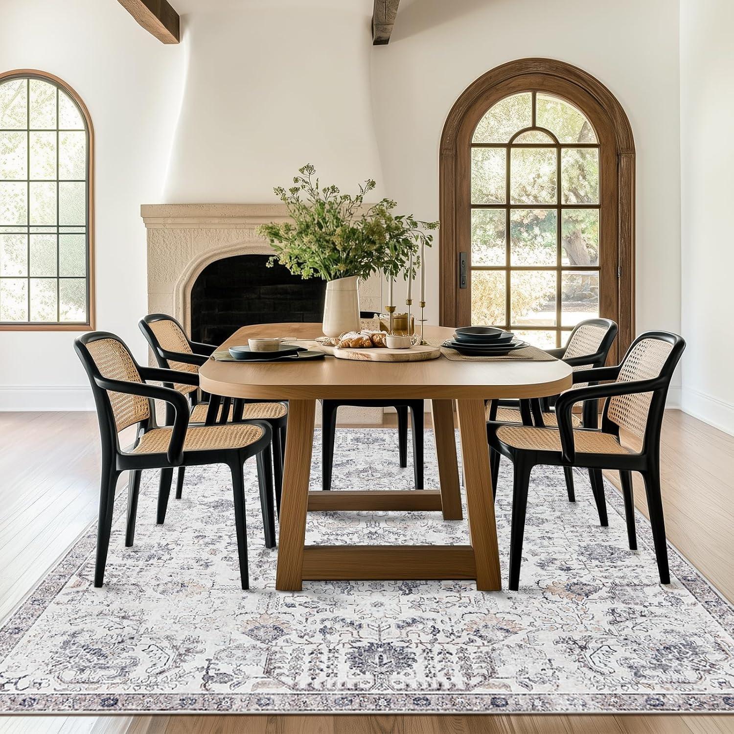 jinchan Area Rug 8x10 Washable Living Room Rug Vintage Indoor Large Floor Cover Retro Accent Mat Distressed Gray Floral Country Boho Non Slip Thin Carpet for Bedroom Kitchen Dining Room Office Grey