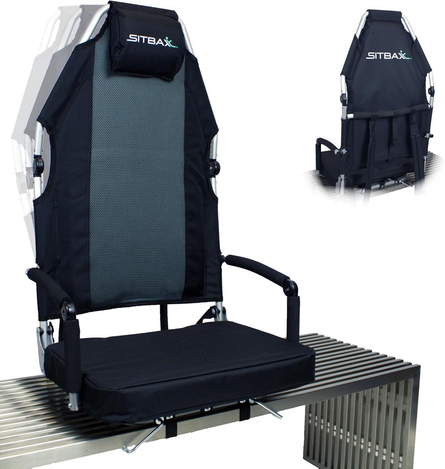 Sitbax SitBax Black Padded Bleacher Seat – The Ultimate Reclining Stadium Chair with Full Back & Neck Support and 360° Swivel – Lightweight, Foldable, and Portable with Backpack Straps - Patent Pending
