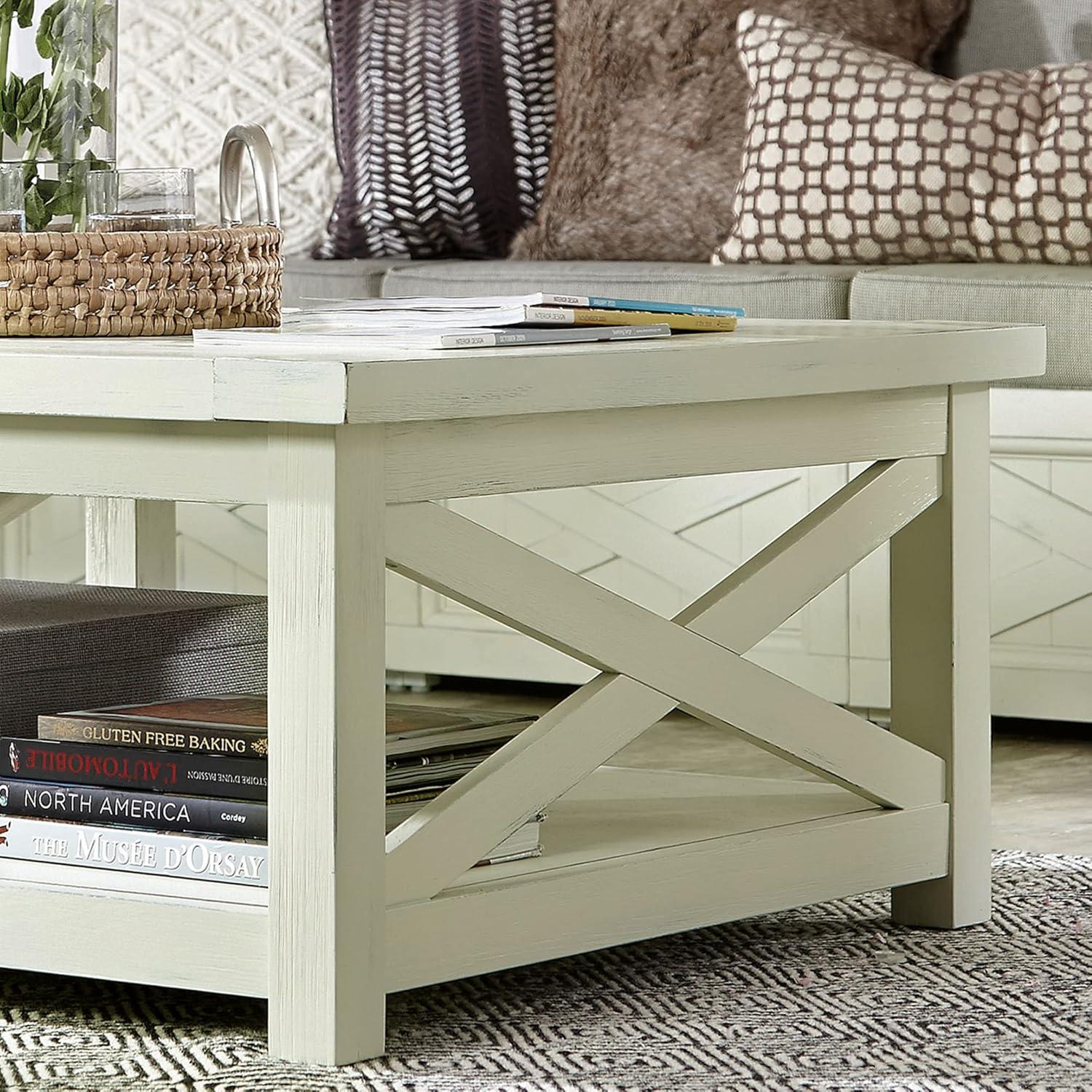 Home Styles Seaside Lodge Coffee Table - White : Hardwood Square Design, 4 Point Leg Base, 60 lbs Capacity