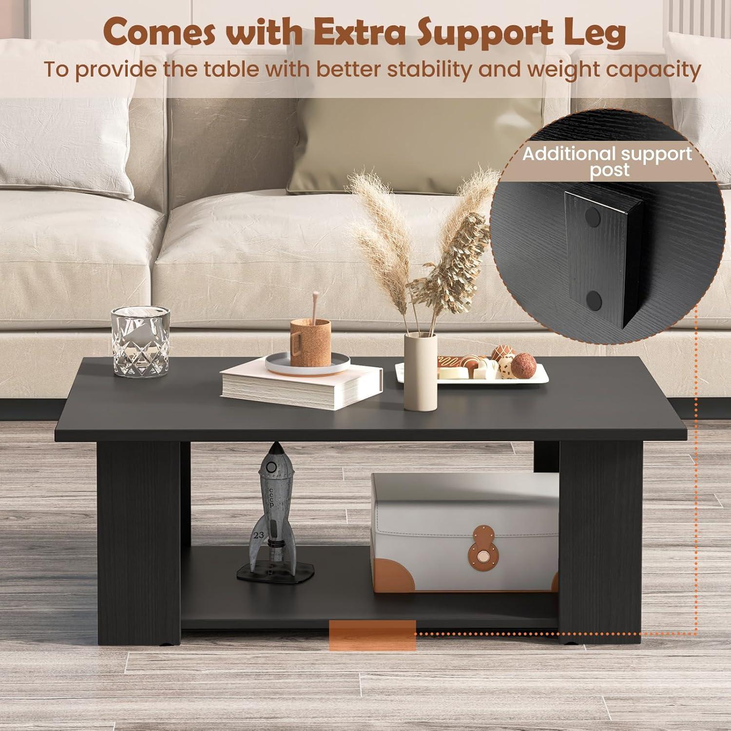 BuySphere Rectangle Wood Center Table, 41" L 2-Tier Large Modern Tea Table w/Open Compartment, Easy Assembly, Accent Coffee Table for Living Room, Reception Room, Black