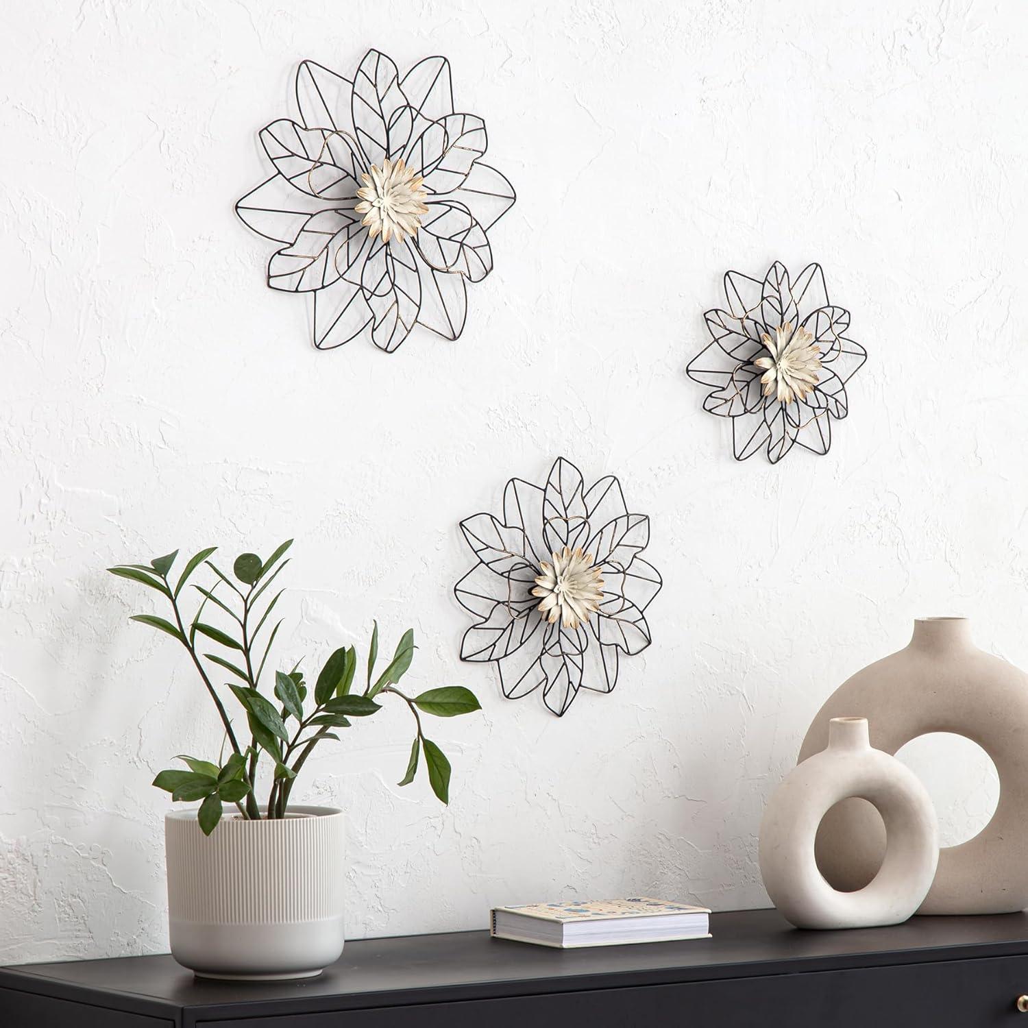 Brewster (Set of 3) Maggie Black Flower Metal Wall Arts: Iron Sculptures, Modern Decor, Botanical Theme