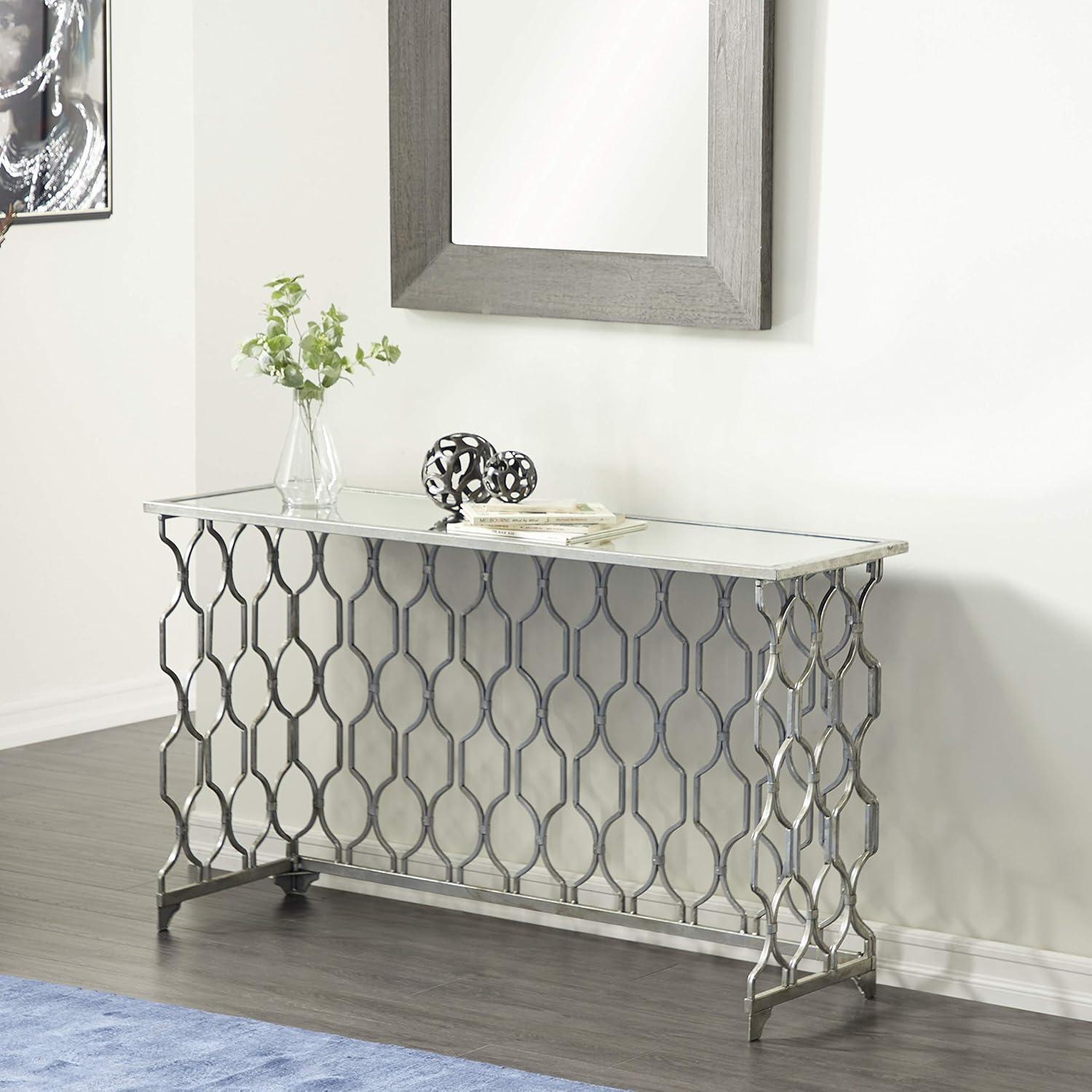 DecMode Contemporary Rectangular Metal with Mirror Top Console Table, 55"W x 32"H Features Silver Circular Trellis Pattern