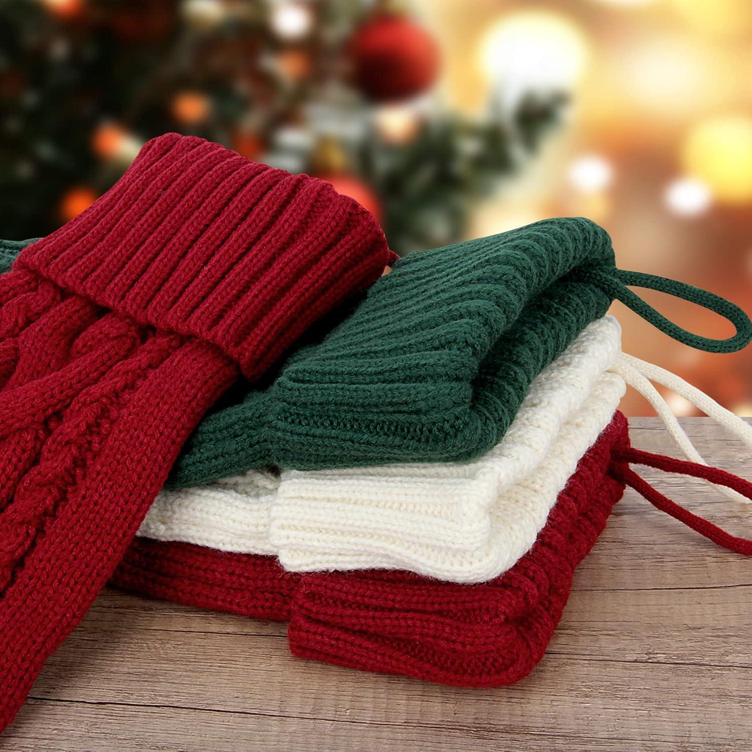 Set of 6 Large Knit Christmas Stockings in Red, Green, and Cream