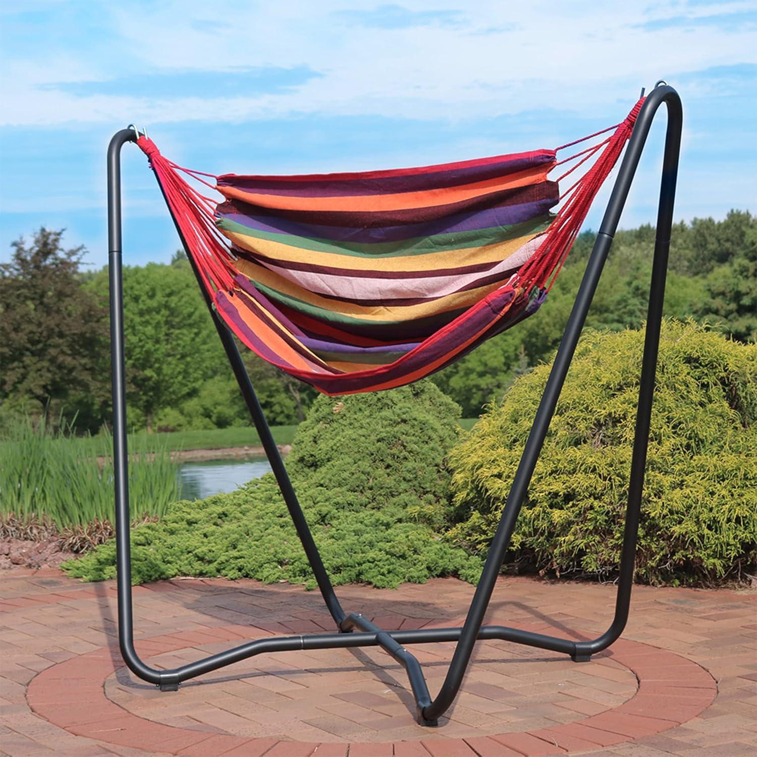 Sunnydaze Hanging Rope Hammock Chair with Space-Saving Stand - 330 lb Weight Capacity - Sunset