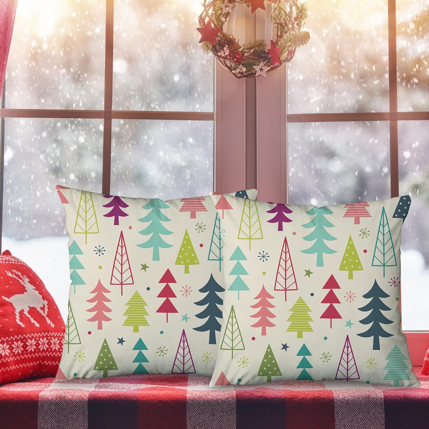 Decorative Throw Pillow Cover Square 18x18 set of 2, Colorful Christmas Tree Cute Winter Holiday Abstract Art Holidays Farmhouse December Home Decor Zippered Pillowcase for Couch Sofa Living Room
