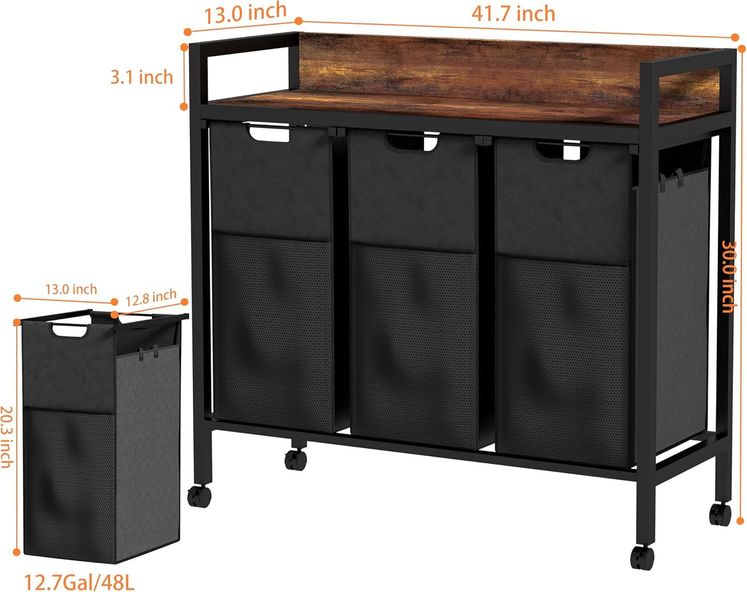 Laundry Sorter 3 Section,360°Rolling Laundry Basket,3 Pull-Out and Removable Oxford Fabric Laundry Bags(144L),Rustic Brown and Black