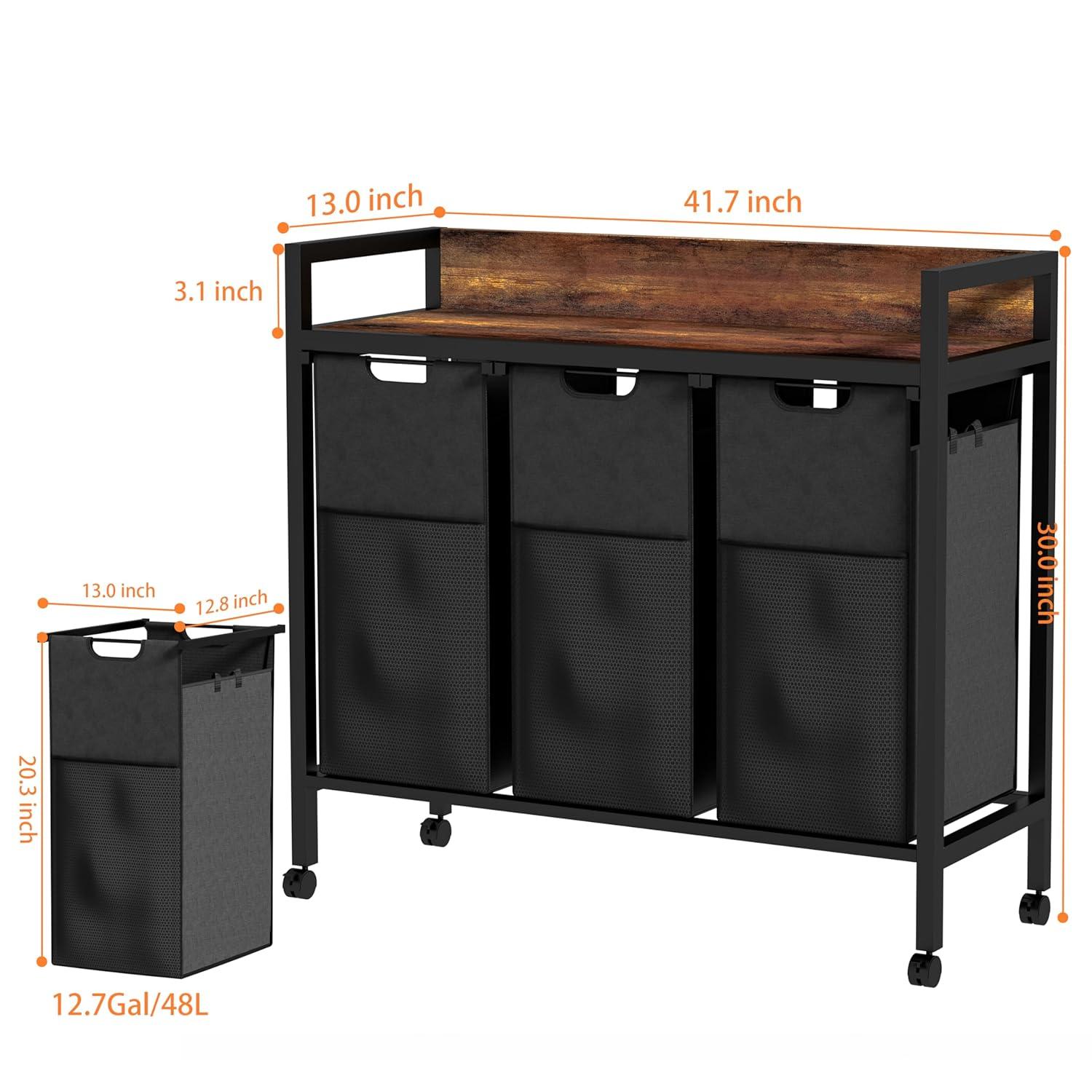 Laundry Sorter 3 Section,360°Rolling Laundry Basket,3 Pull-Out and Removable Oxford Fabric Laundry Bags(144L),Rustic Brown and Black