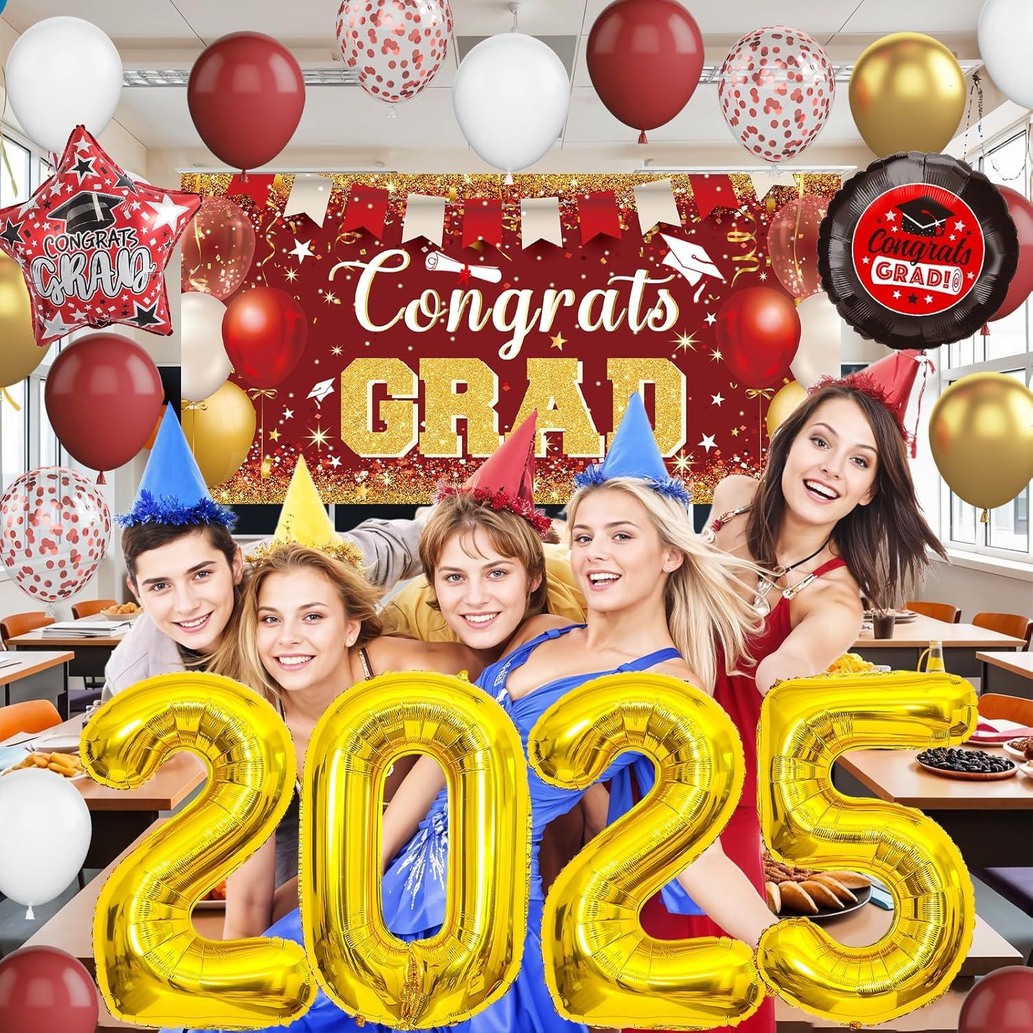2025 Graduation Party Decoration, Red Gold Themed Set with Congrats Grad Banner, Balloons, Foil Number 2025 for Class of 2025 Graduation Party Supplies