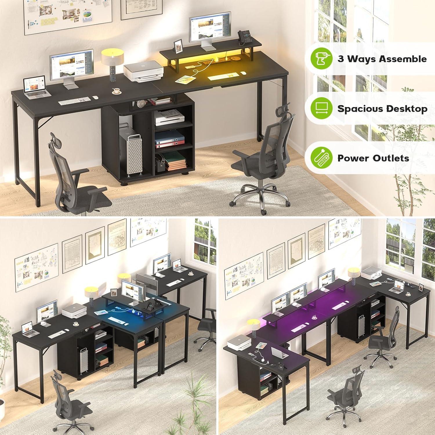 L Shaped Gaming Desk with Power Outlet and LED Light, Reversible Corner Computer Desk for Home Office, Black