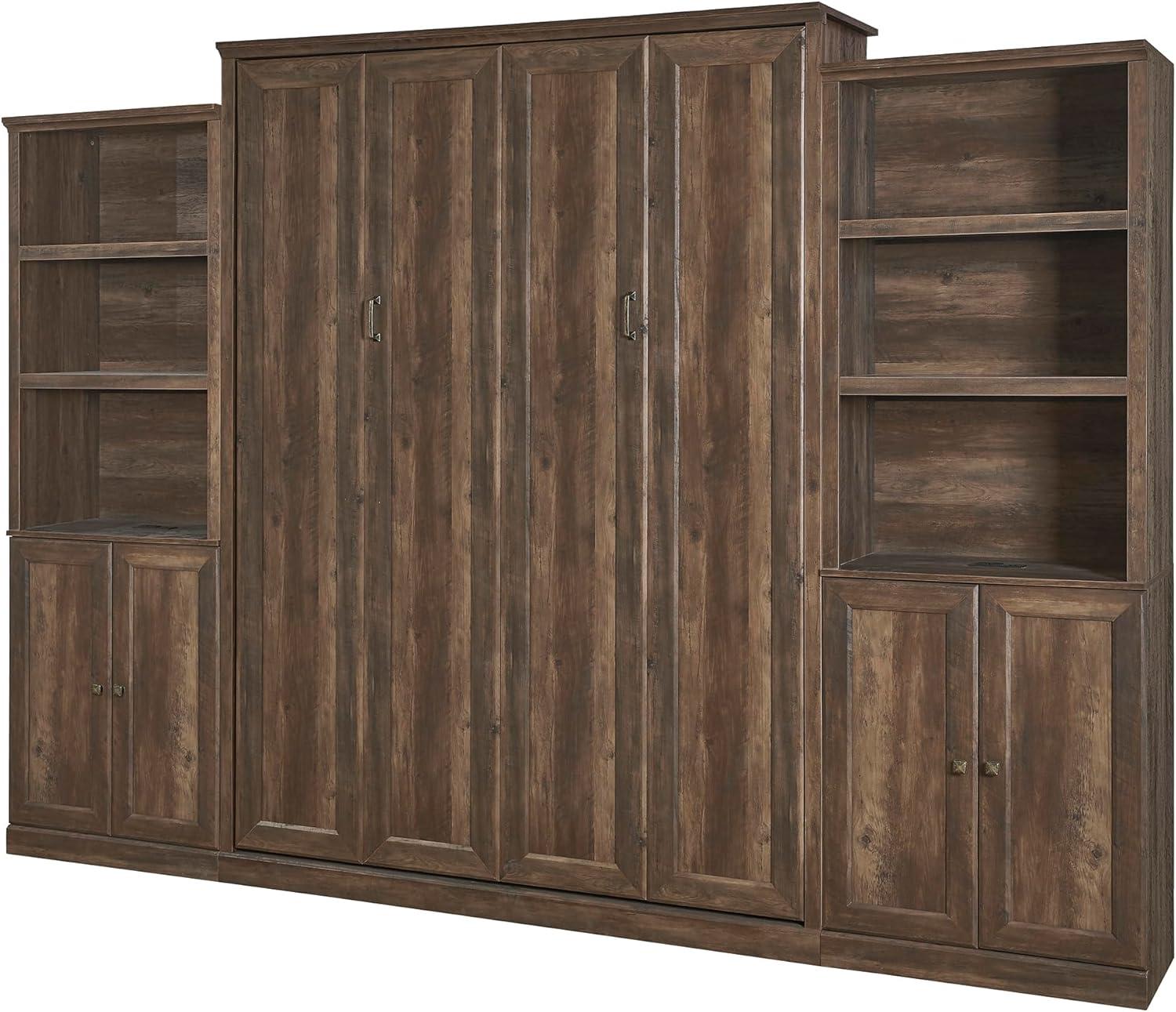 LUSPAZ Queen Size Half Self-Close and Open Murphy Bed with 2 Side Cabinet and Desk, Space-Saving Design Solid Pine Wood Foldable Pull Out Bed Cabinet, for Apartments, Bedrooms, Brown