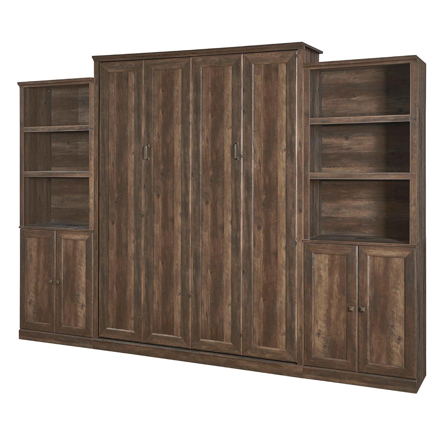 LUSPAZ Queen Size Half Self-Close and Open Murphy Bed with 2 Side Cabinet and Desk, Space-Saving Design Solid Pine Wood Foldable Pull Out Bed Cabinet, for Apartments, Bedrooms, Brown